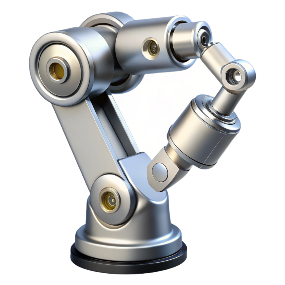 serene dynamic mid-century Advanced robotic arm, chrome finish, multiple joints, precise grip. NO BACKGROUND with Transparent Background. studio quality png