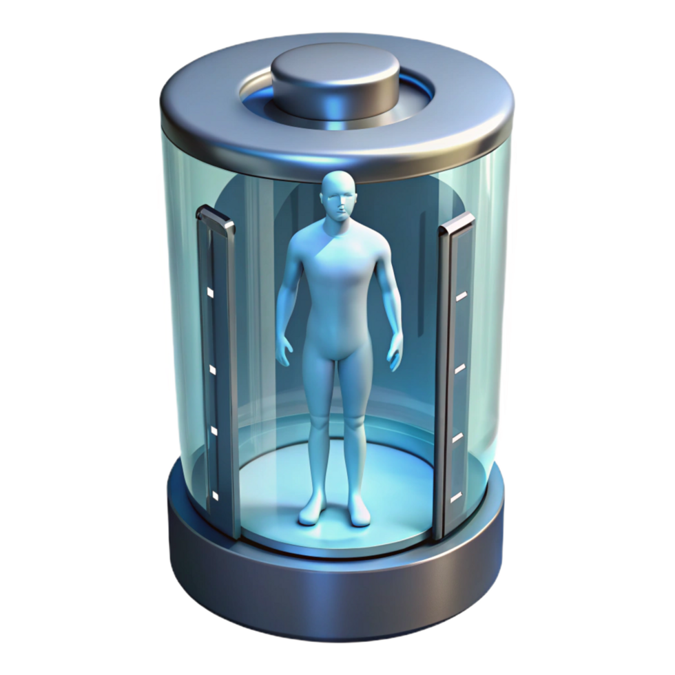 unparalleled coastal Cryogenic chamber, transparent, futuristic design, human silhouette inside. NO BACKGROUND with Transparent Background. genuine png