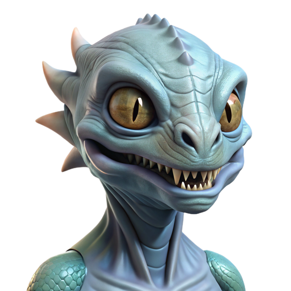 dramatic nordic Alien creature, reptilian, scales, sharp teeth, intelligent eyes. NO BACKGROUND with Transparent Background. crisp png