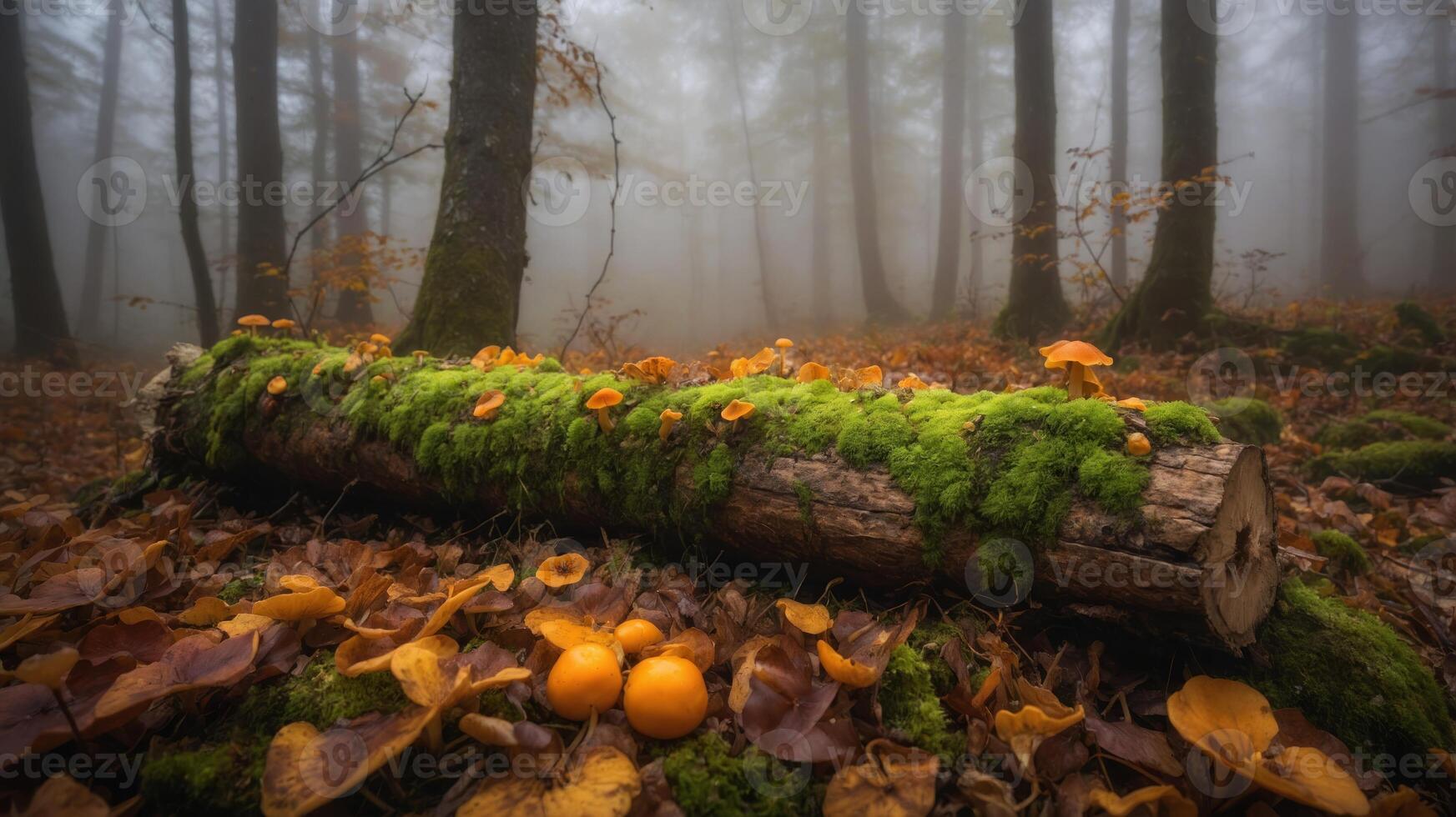 A misty forest scene featuring a moss-covered log adorned with mushrooms and autumn leaves. photo