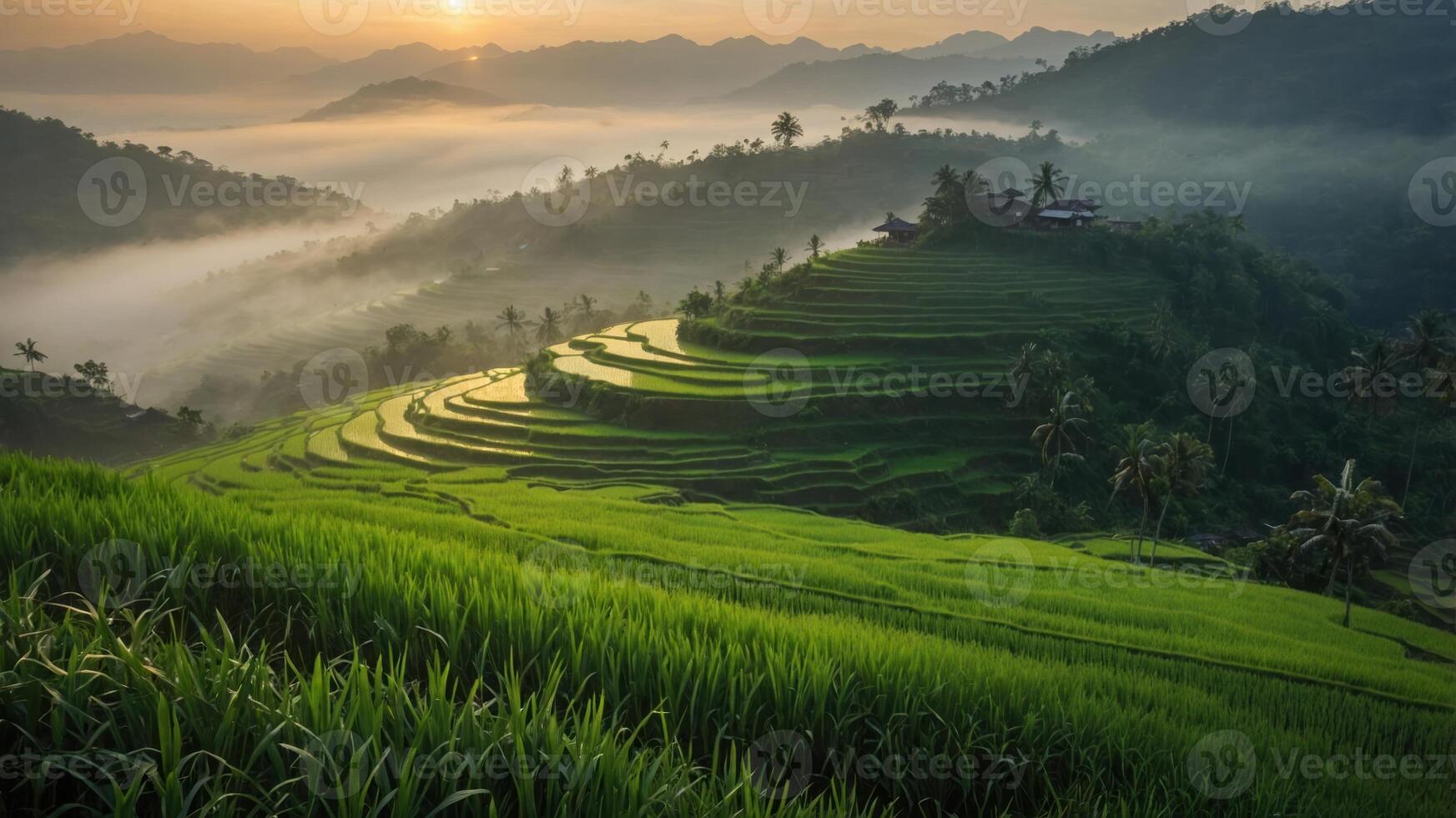 Lush terraced rice fields at sunrise, surrounded by misty mountains and palm trees. photo