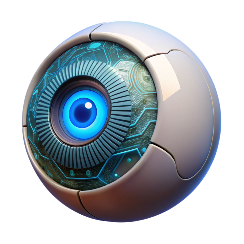magnificent dynamic coastal Cybernetic eye implant, glowing, intricate circuitry, realistic texture. NO BACKGROUND with Transparent Background. high quality png