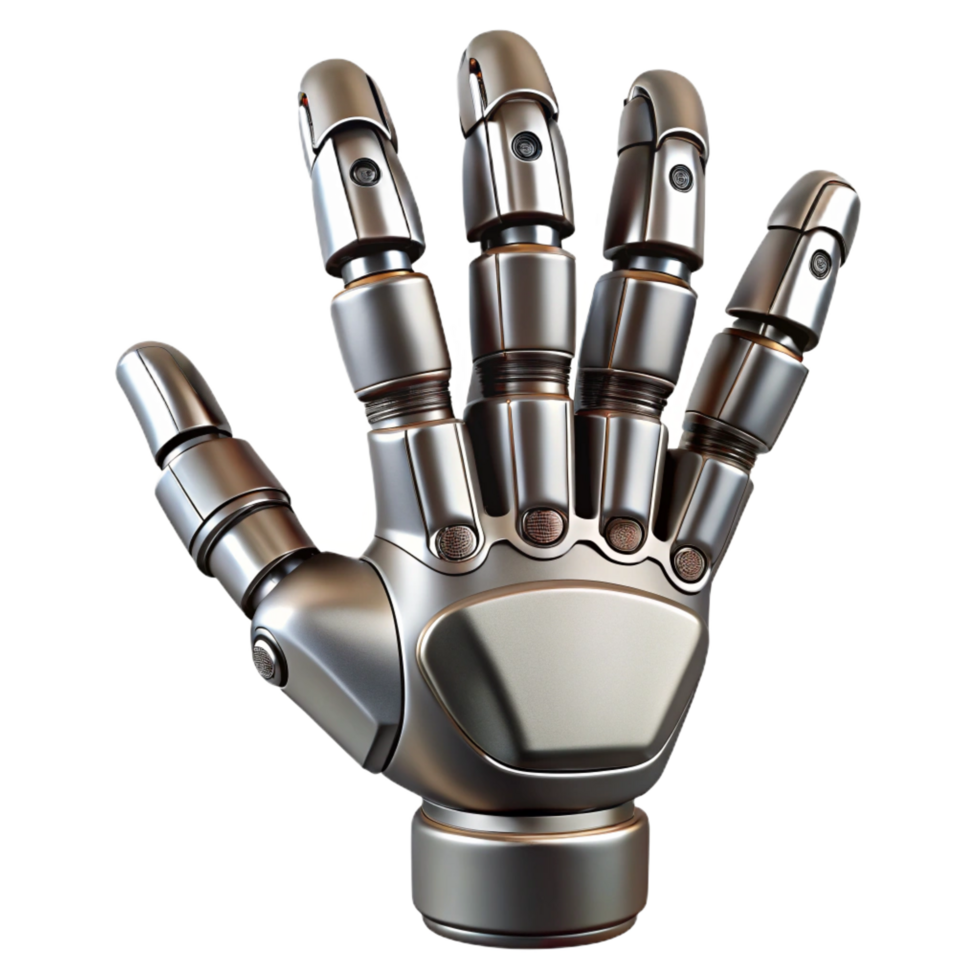 extraordinary energetic renaissance Robotic hand, metallic, realistic, articulated fingers, detailed textures. NO BACKGROUND with Transparent Background. expertly shot png