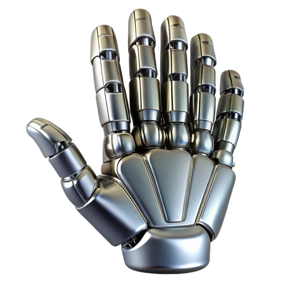 bold beautiful Robotic hand, metallic, realistic, articulated fingers, detailed textures. NO BACKGROUND with Transparent Background. crisp png