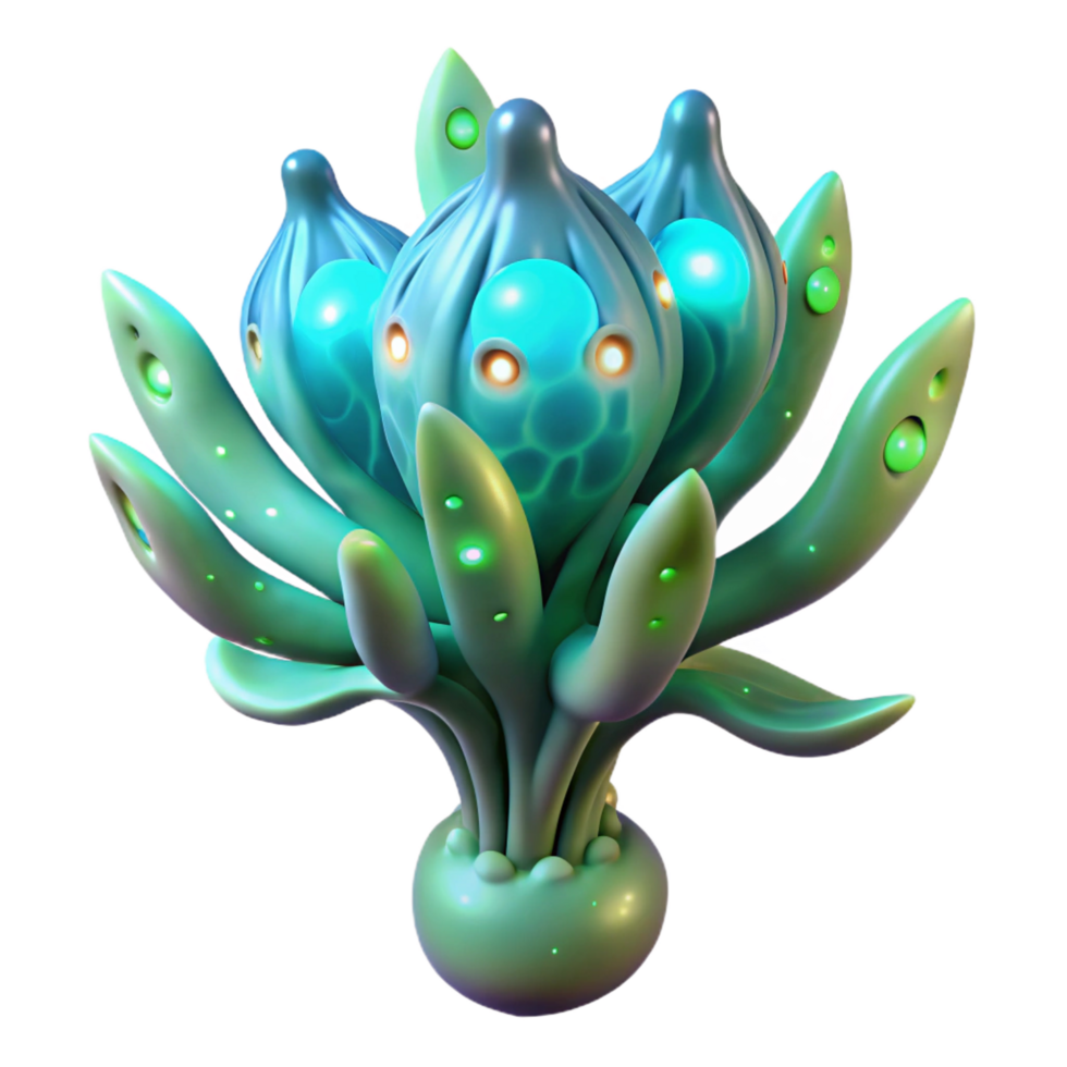 dynamic hypnotic Alien plant, bioluminescent, strange shape, otherworldly texture. NO BACKGROUND with Transparent Background. museum quality png