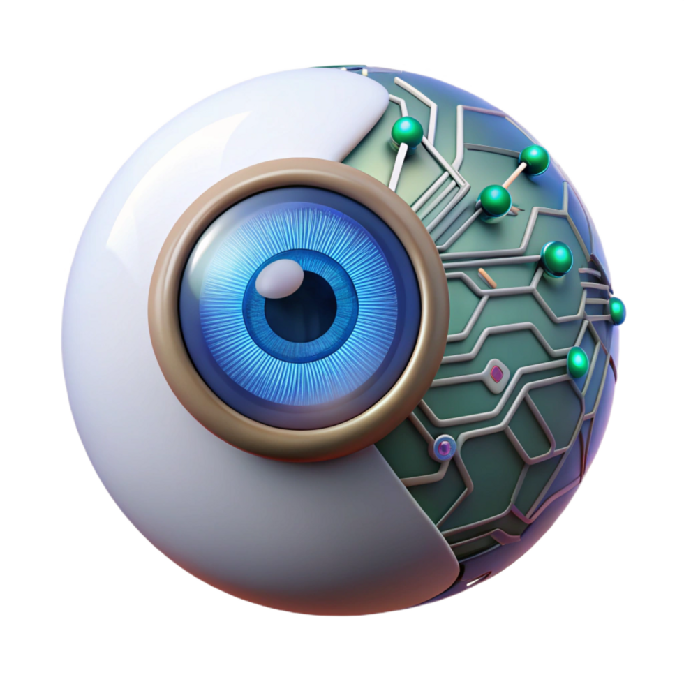 elegant distinctive Cybernetic eye implant, glowing, intricate circuitry, realistic texture. NO BACKGROUND with Transparent Background. png