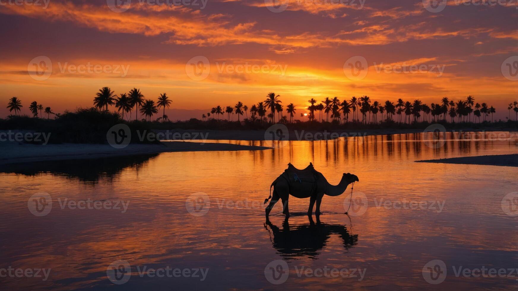 A camel stands in water at sunset, surrounded by palm trees and a vibrant sky. photo