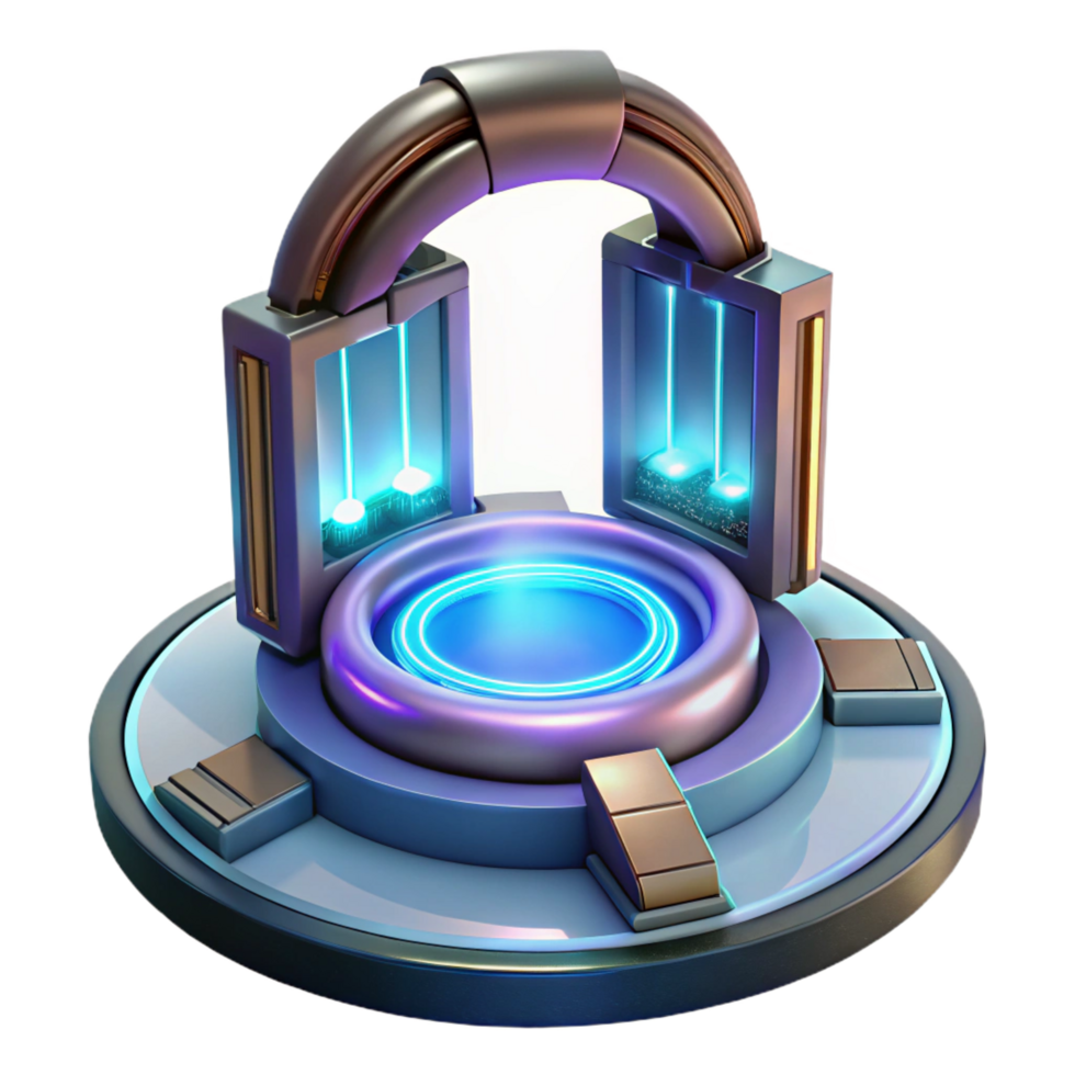 dramatic dazzling Teleportation device, glowing portal, futuristic technology, energy effects. NO BACKGROUND with Transparent Background. refined png