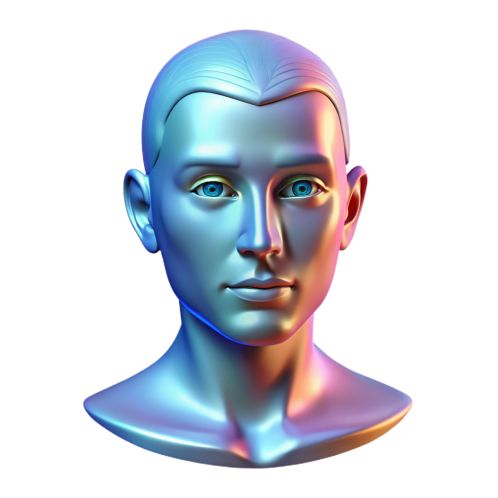 dramatic elegant Holographic projection of a human head, detailed features, realistic. NO BACKGROUND with Transparent Background. flawless png