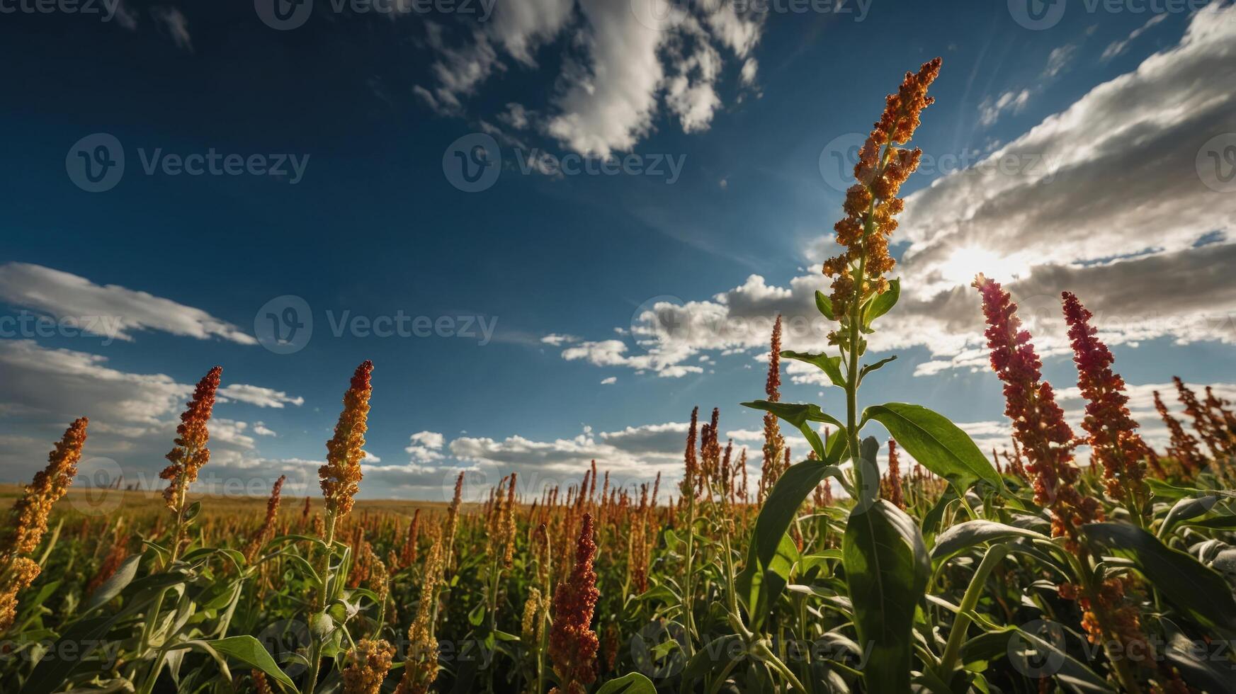 A field of tall, vibrant quinoa plants under a bright blue sky with scattered clouds. photo
