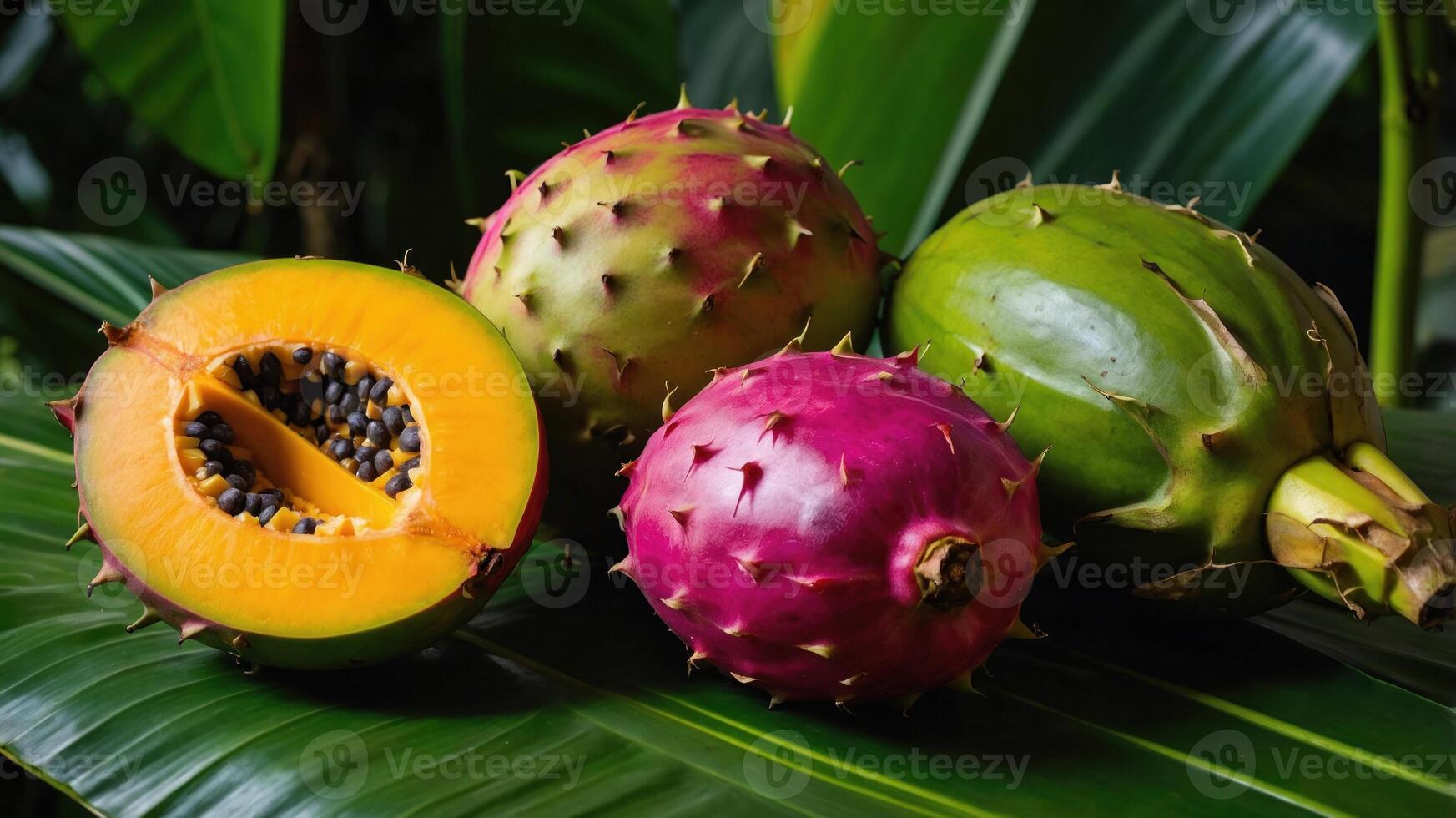 A vibrant display of various fruits, including dragon fruit and papaya, on lush green leaves. photo