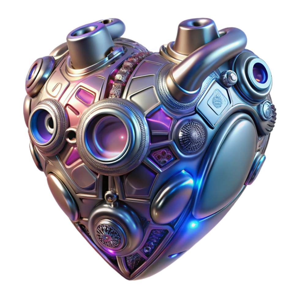 dazzling distinguished Cybernetic heart, metallic, glowing, intricate details, advanced technology. NO BACKGROUND with Transparent Background. png