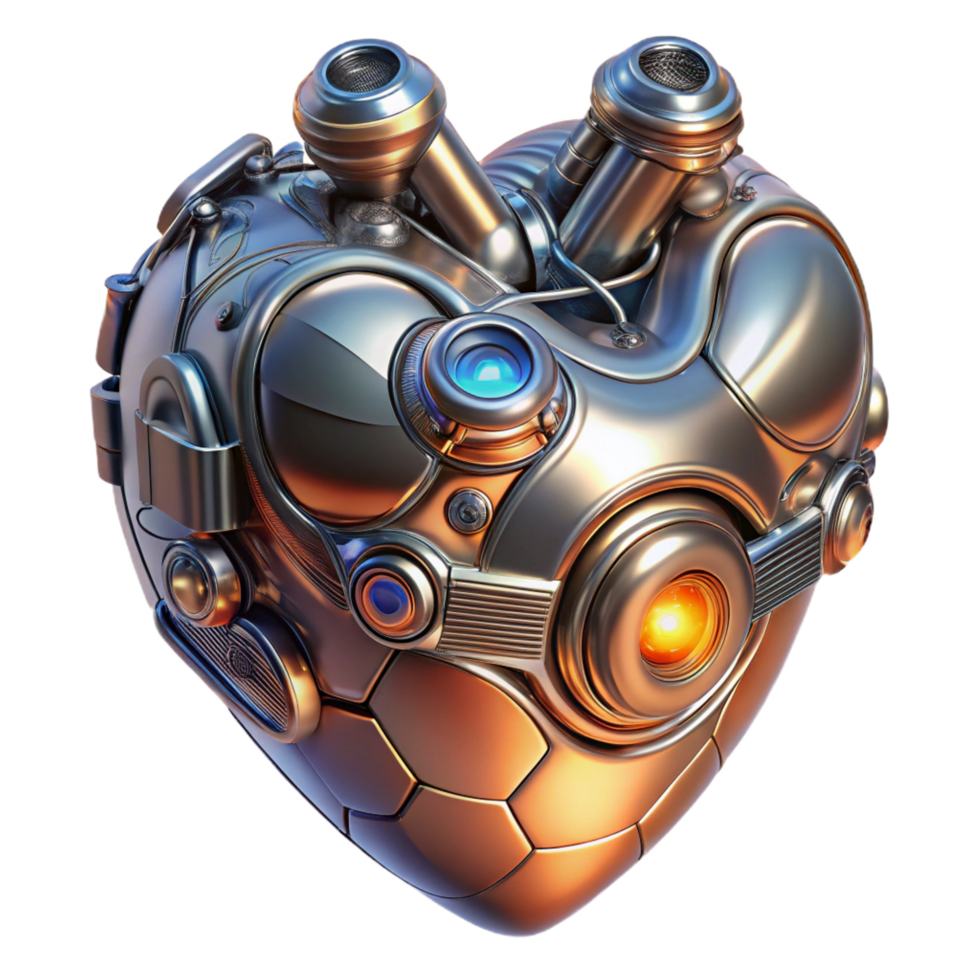 iconic urban Cybernetic heart, metallic, glowing, intricate details, advanced technology. NO BACKGROUND with Transparent Background. refined png