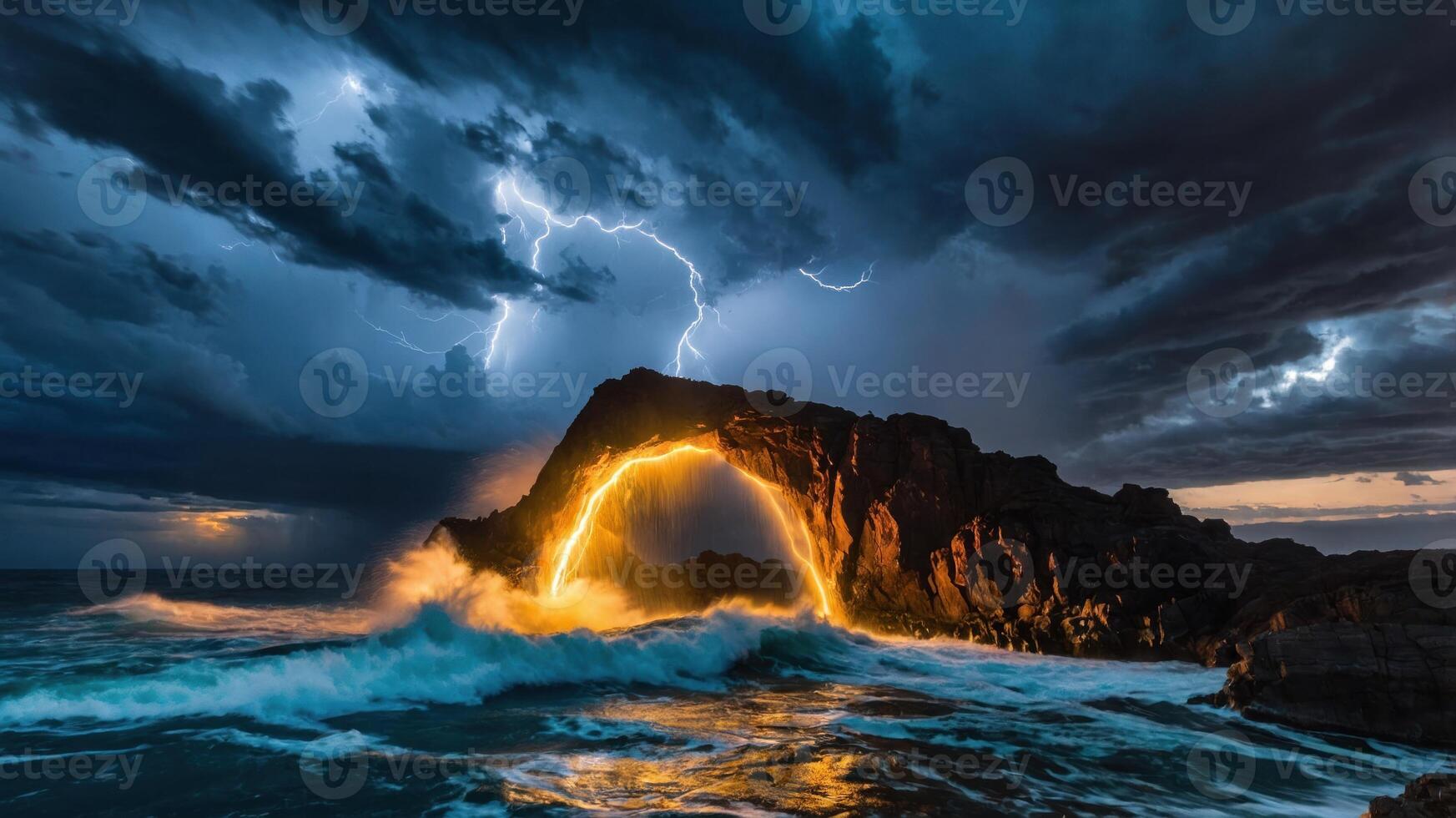Dramatic seascape featuring a glowing rock formation amidst stormy skies and lightning. photo