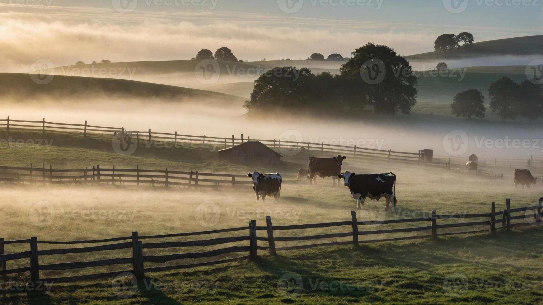 A serene landscape with cows grazing in a misty field at sunrise. photo