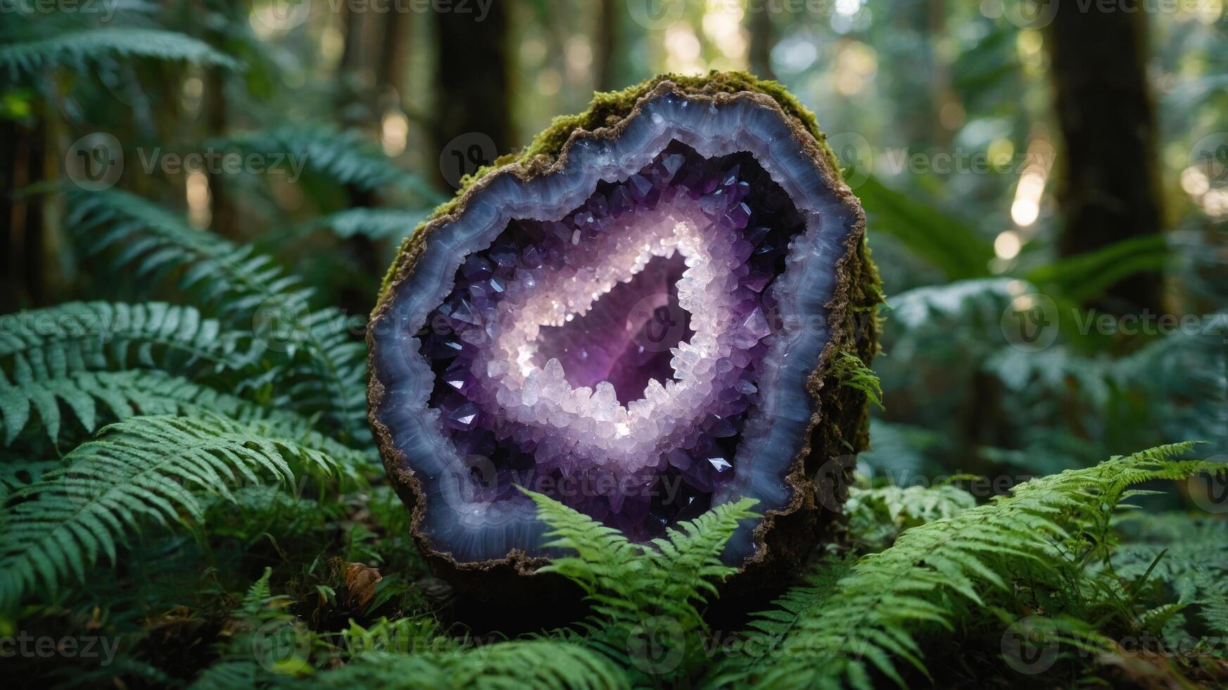 A stunning geode with amethyst crystals, surrounded by lush ferns in a forest setting. photo