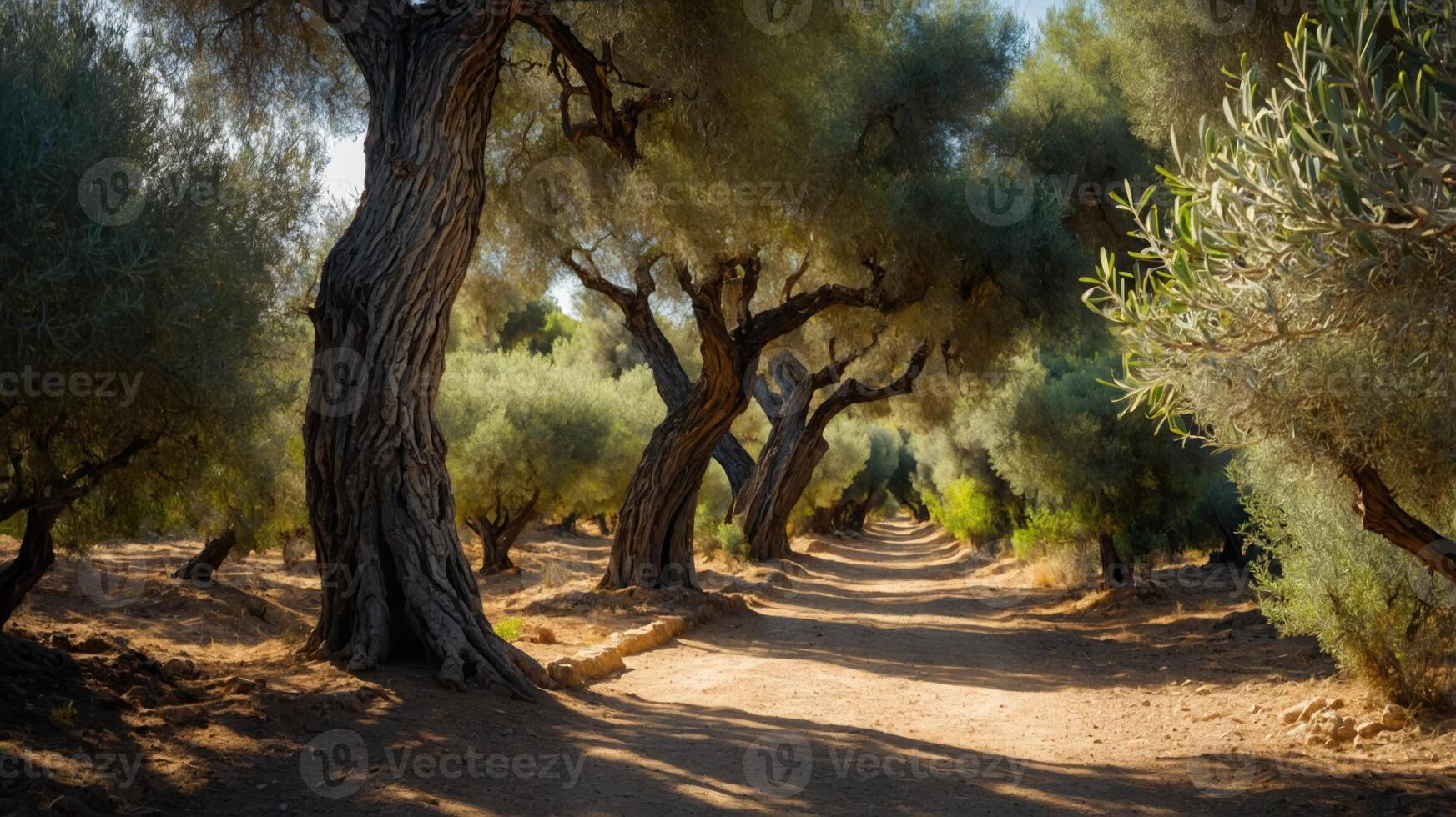 A serene path lined with olive trees, inviting exploration and tranquility. photo