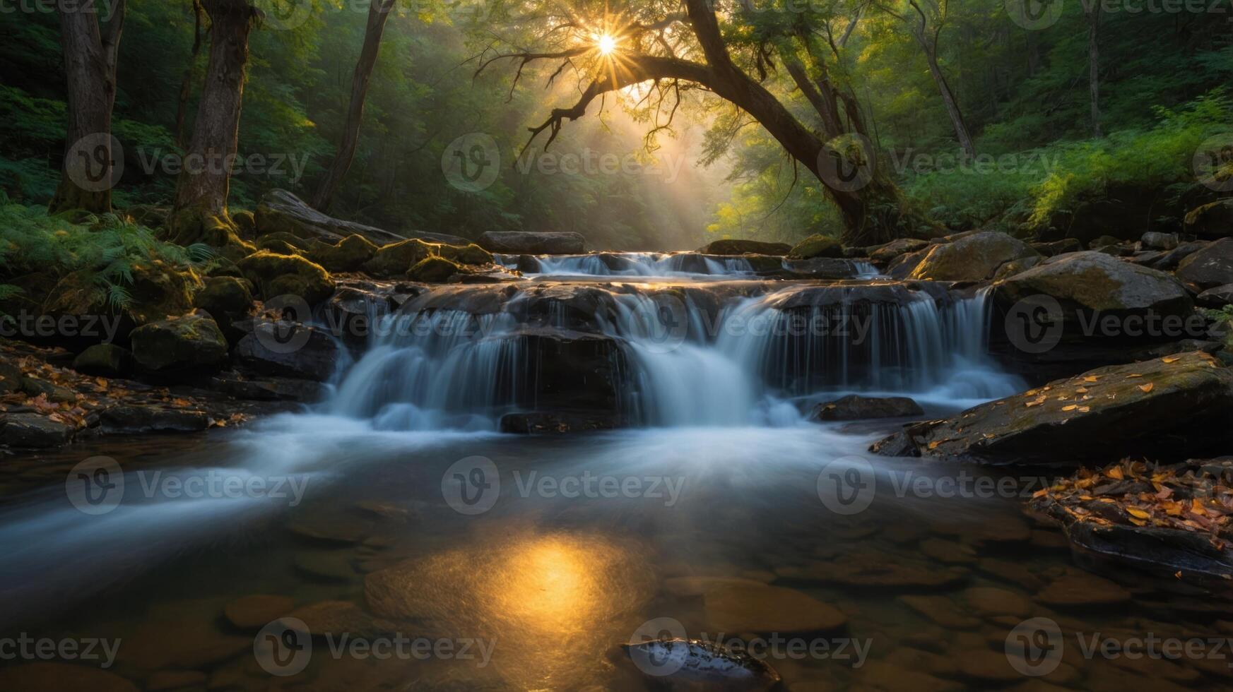 A serene waterfall scene illuminated by sunlight filtering through trees. photo