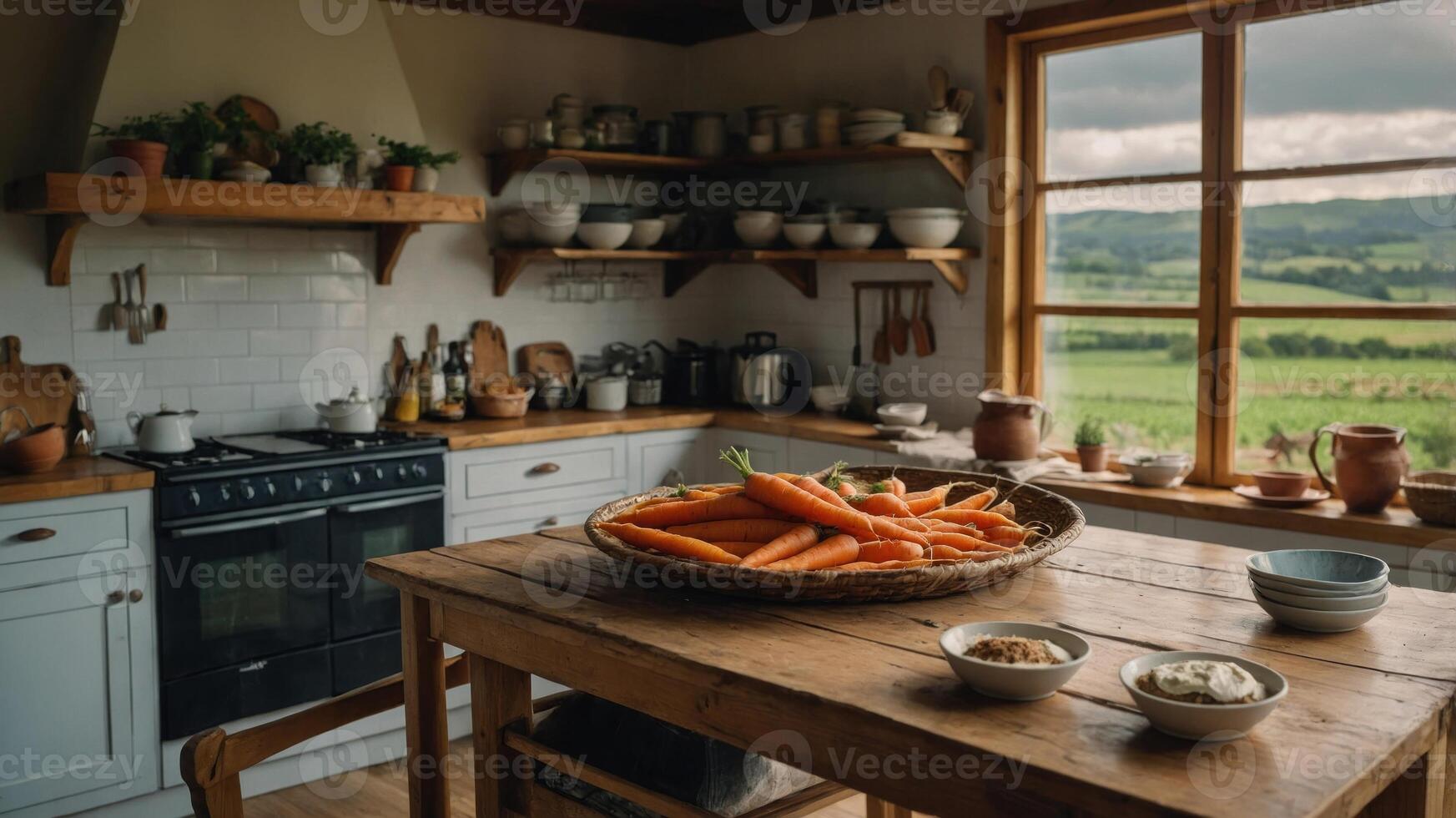 A rustic kitchen with fresh carrots on a wooden table and a scenic view outside. photo