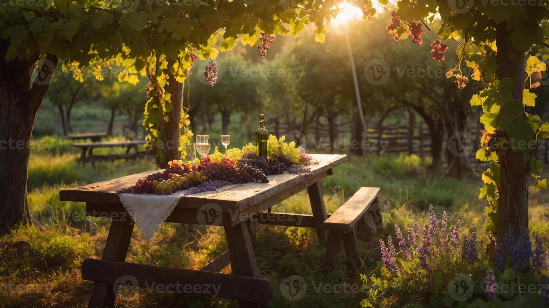 A serene outdoor setting with a rustic table adorned with grapes and wine under a vineyard. photo