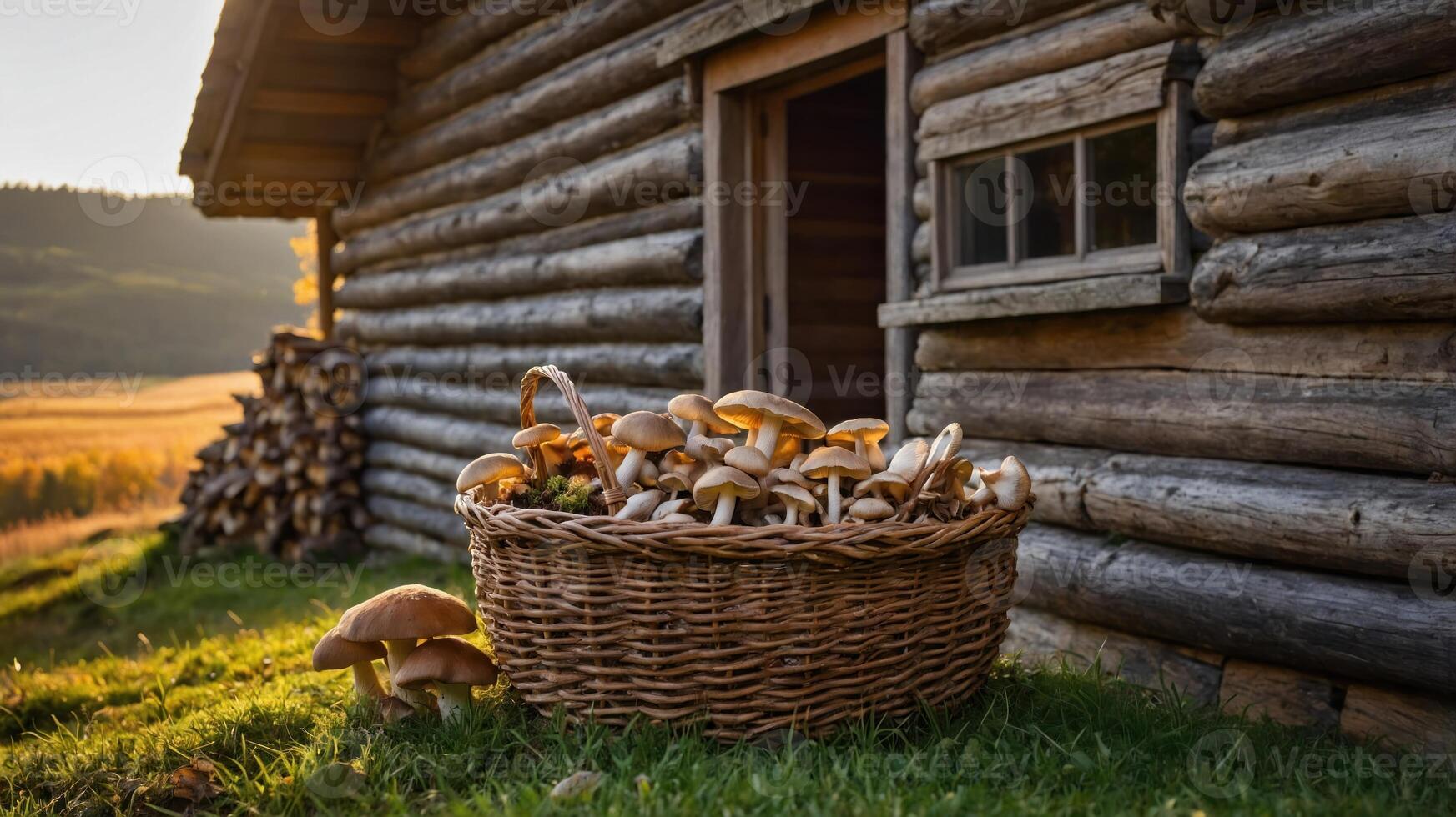 A rustic cabin with a basket of freshly picked mushrooms in a serene landscape. photo