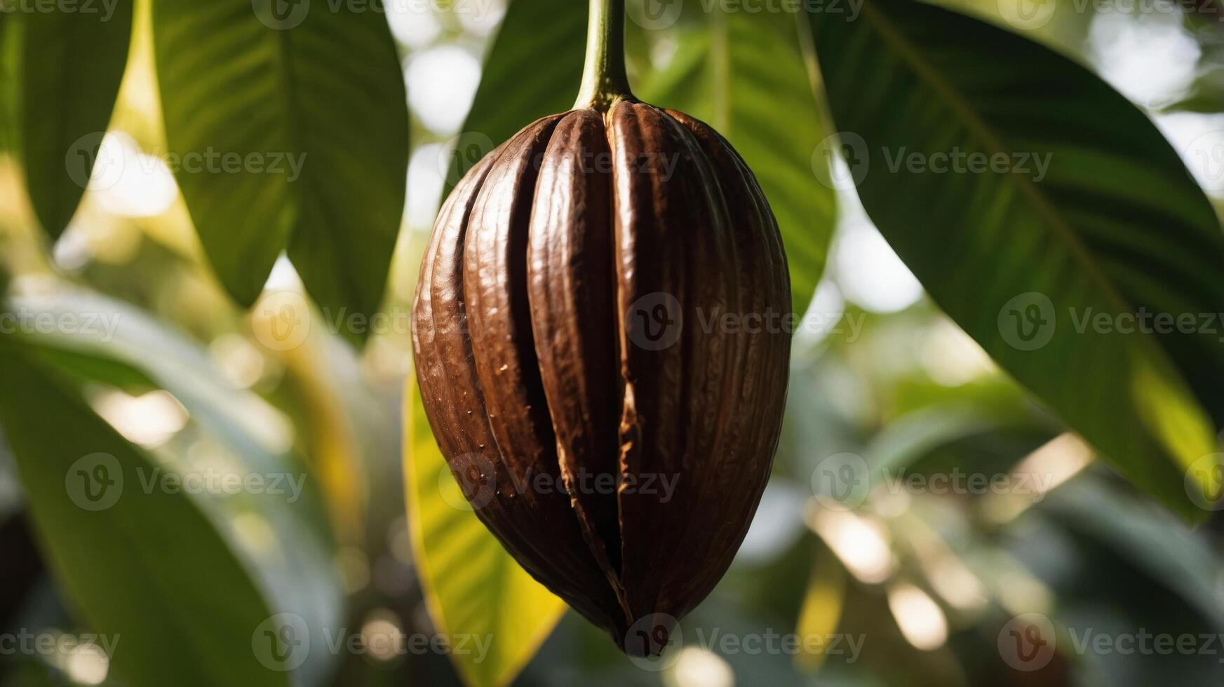 A close-up of a cacao pod hanging among green leaves in a natural setting. photo