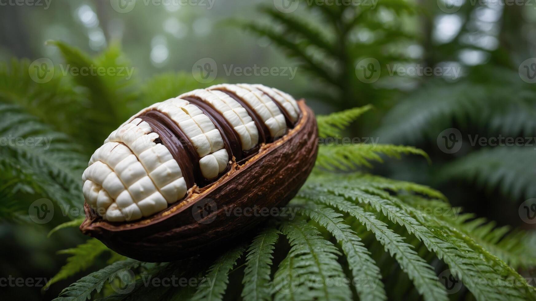 A cacao pod split open, revealing creamy seeds, resting on lush green ferns in a misty environment. photo