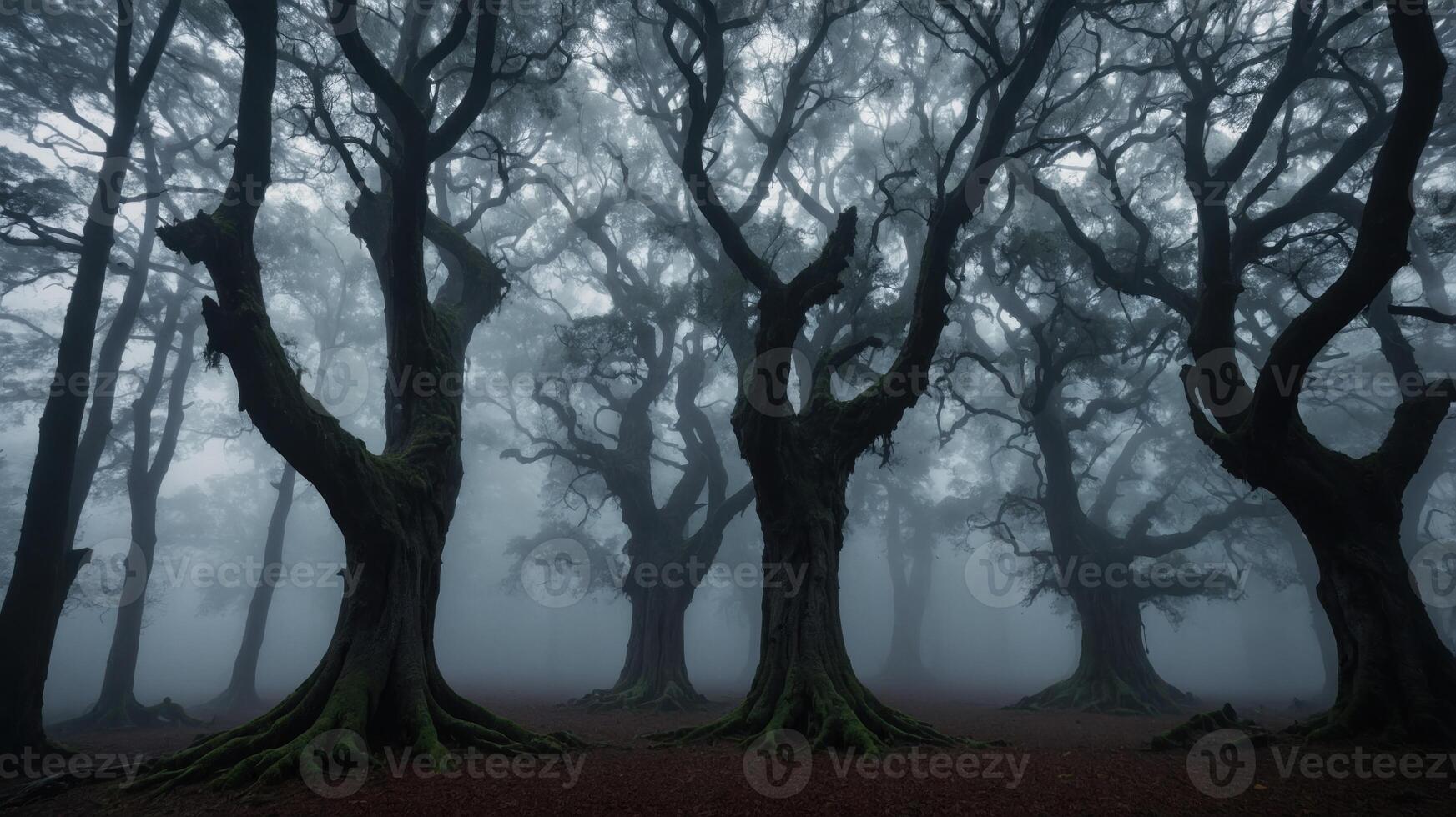 A misty forest scene with twisted trees and a mysterious atmosphere. photo