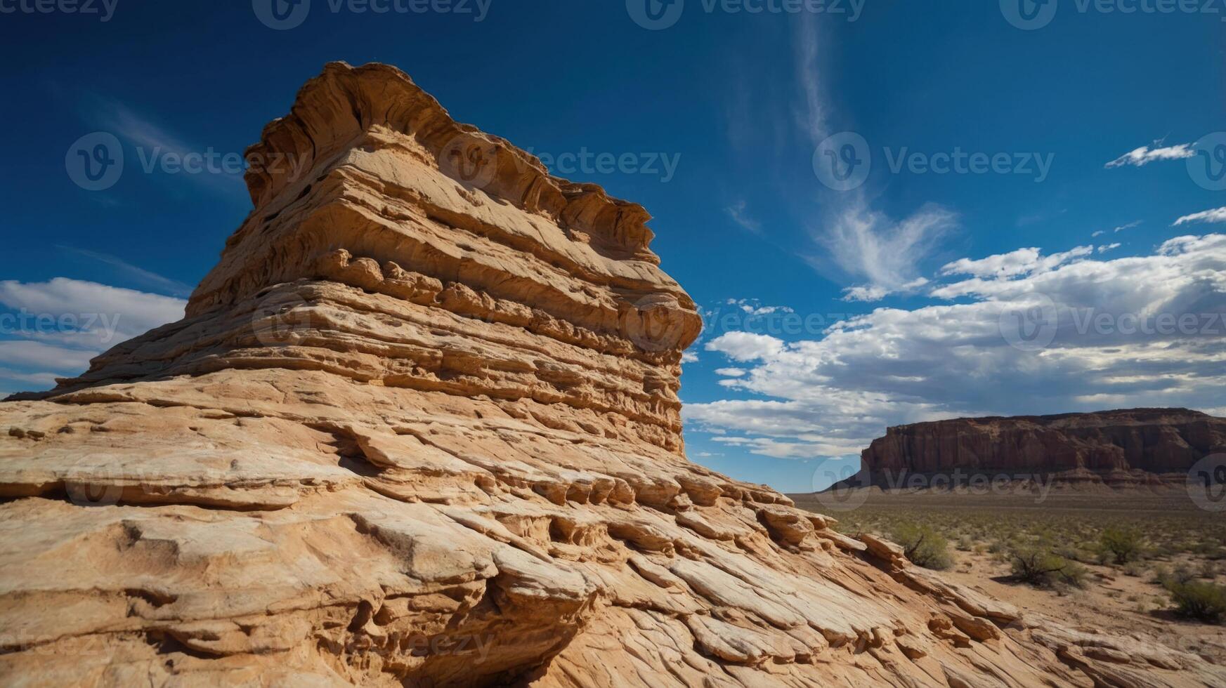 A striking rock formation against a blue sky with wispy clouds in a desert landscape. photo