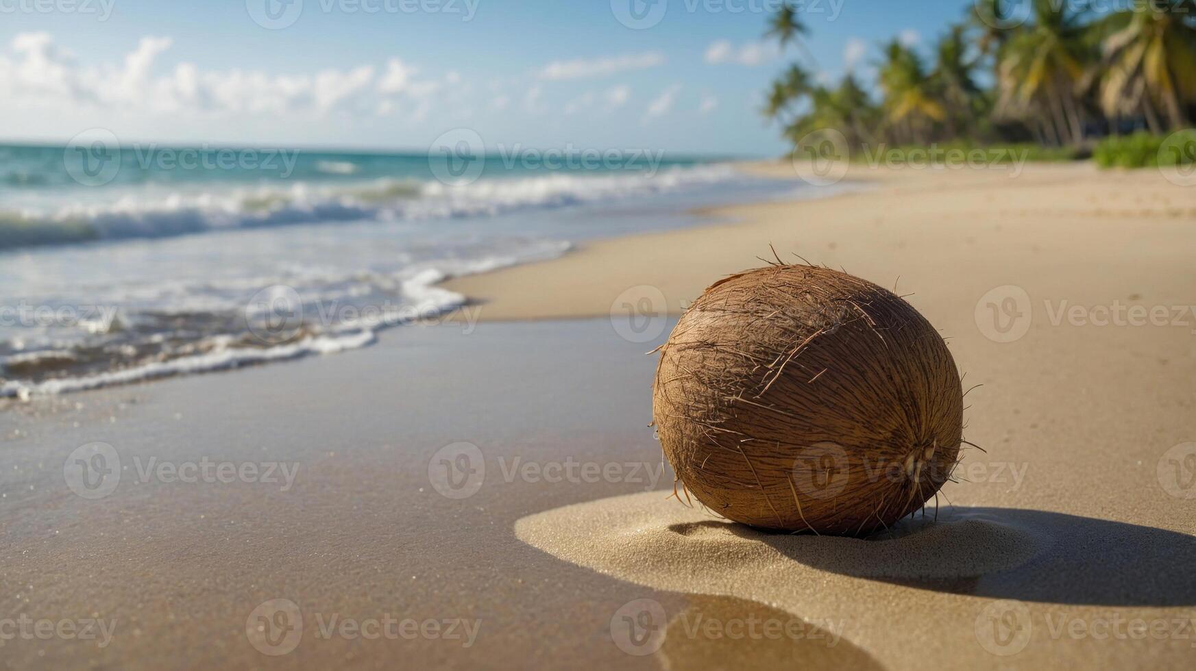 A coconut rests on a sandy beach with gentle waves and palm trees in the background. photo