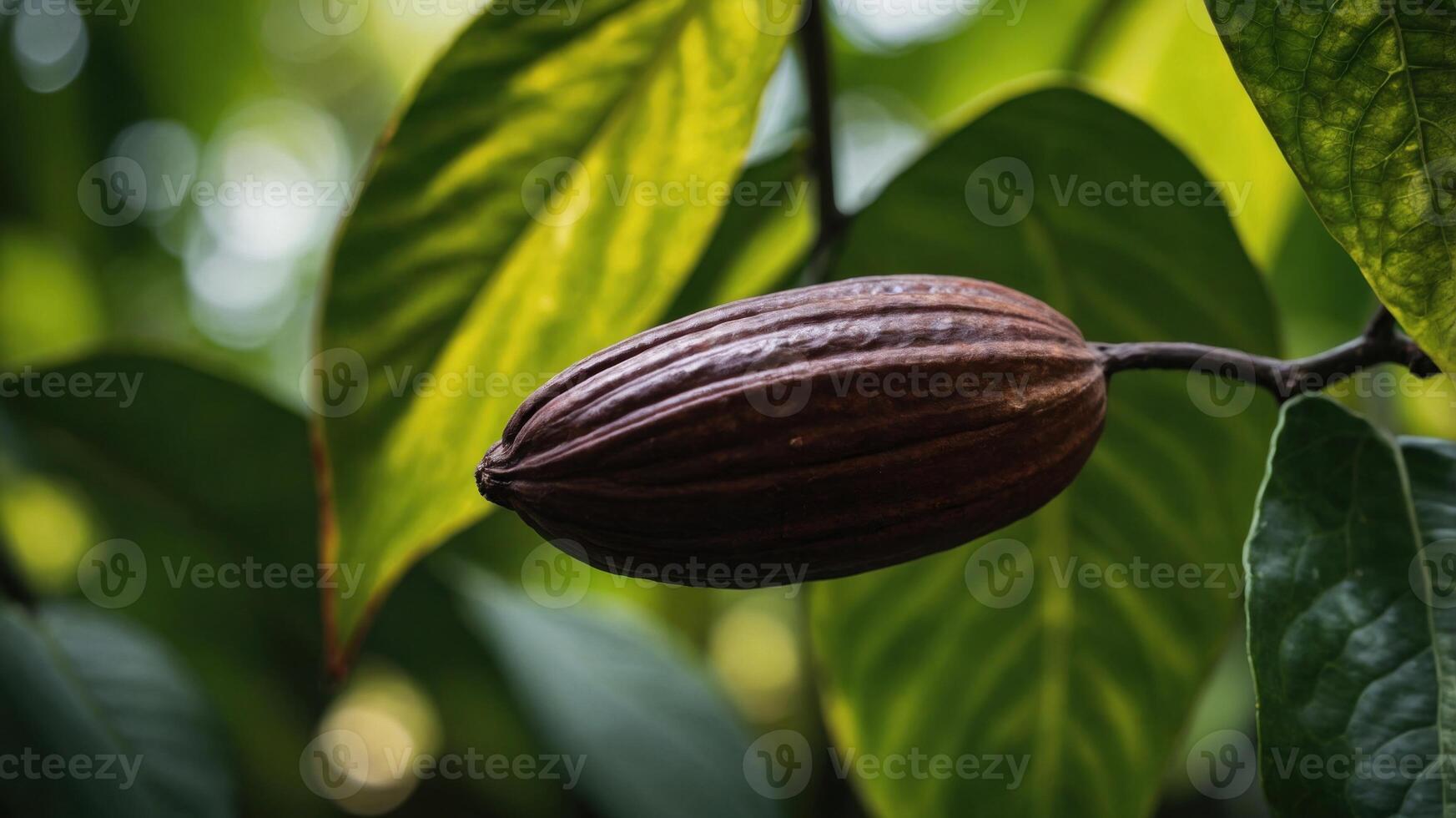 A close-up of a cacao pod among green leaves, showcasing its texture and natural environment. photo