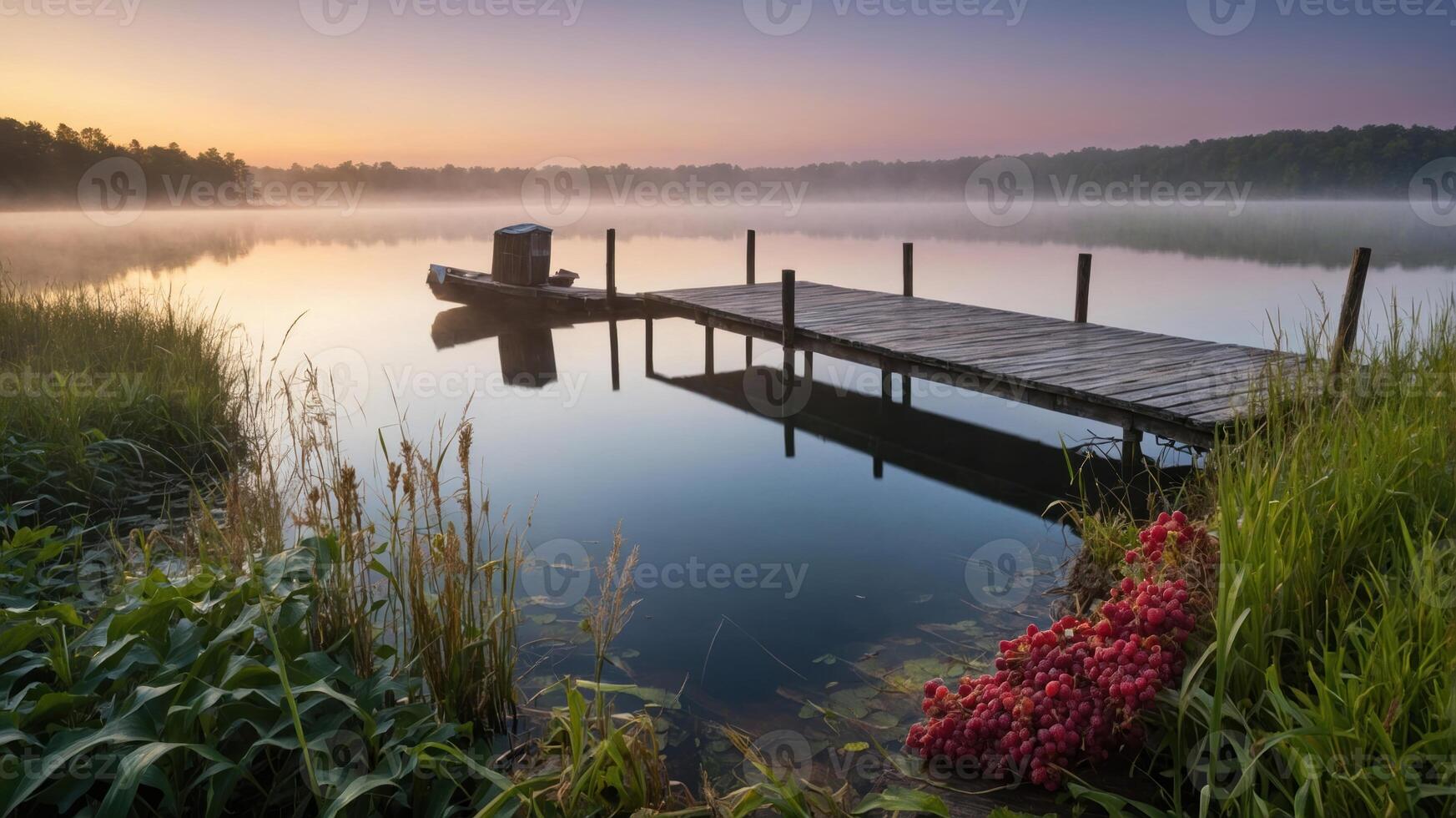 A serene lakeside scene at dawn with a dock and mist rising over the water. photo