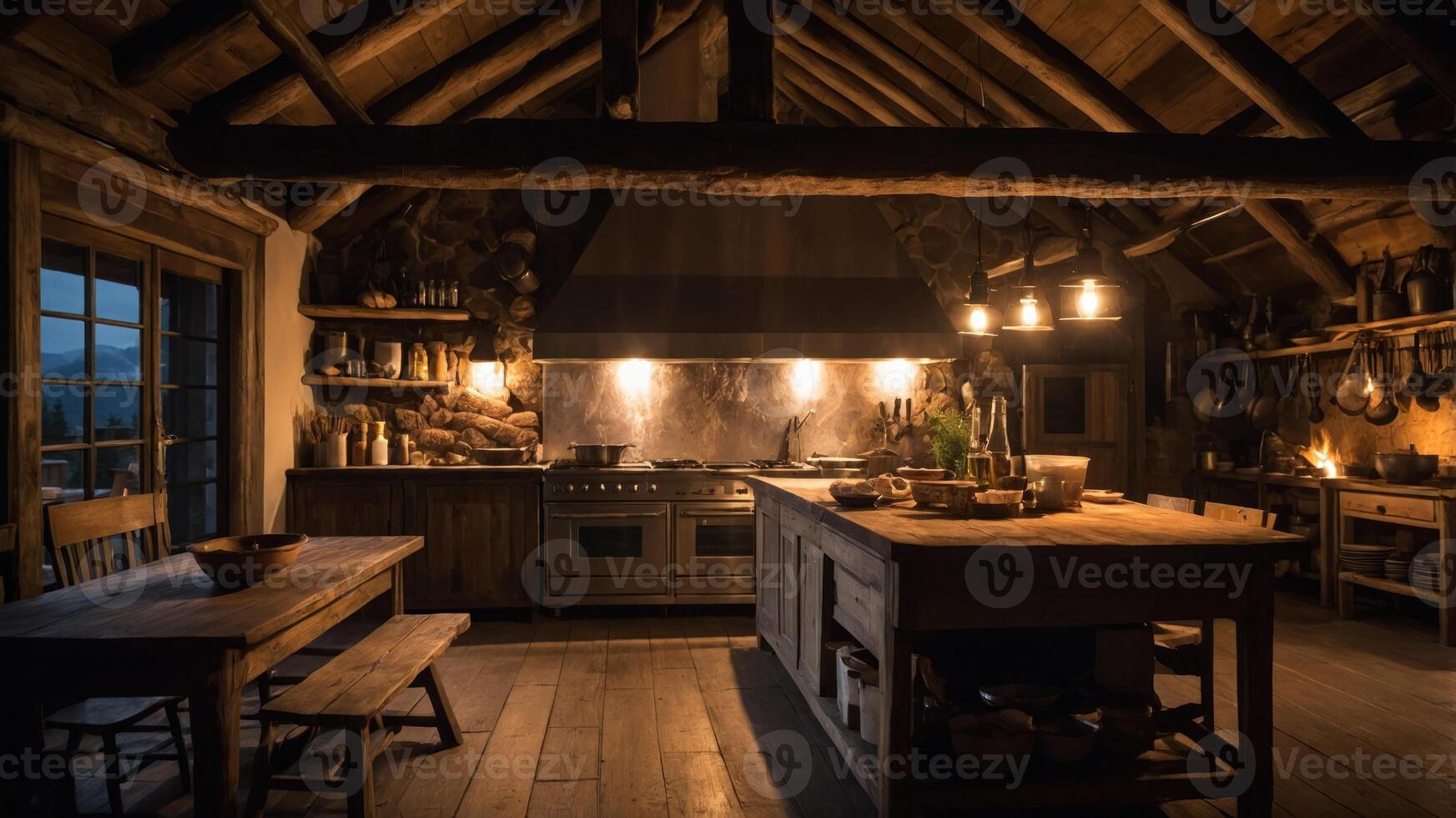 A cozy rustic kitchen with wooden beams, warm lighting, and a central island for cooking. photo