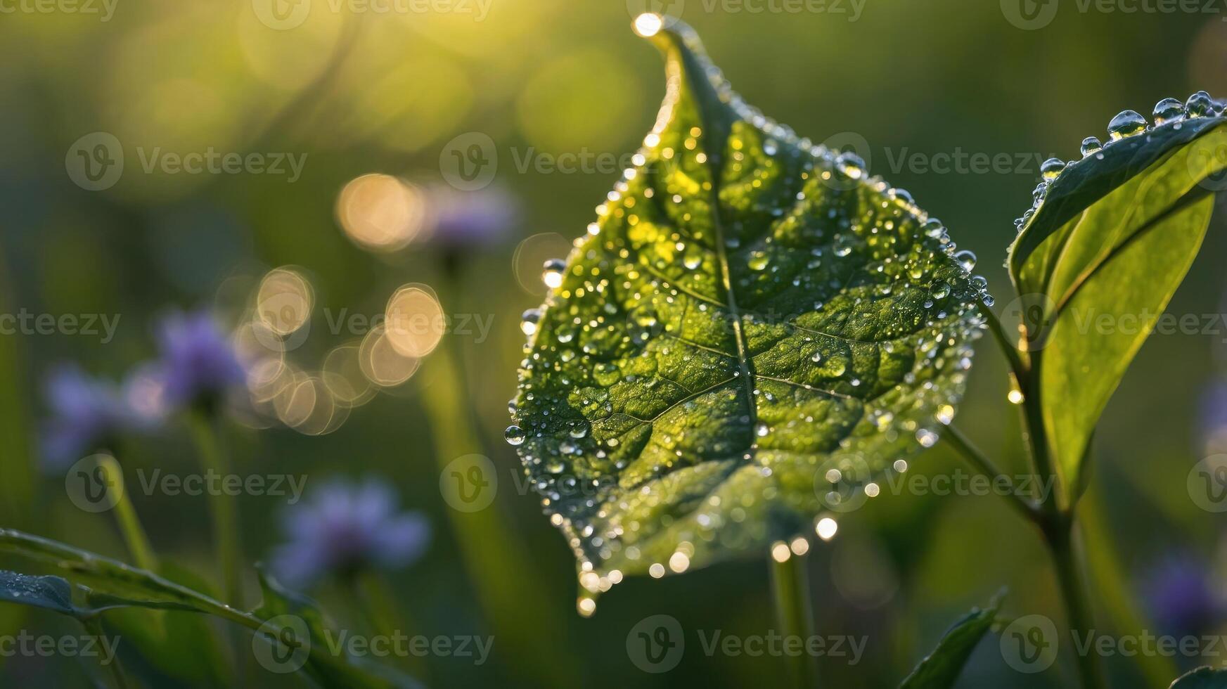 A close-up of a dew-covered leaf with soft bokeh and flowers in the background. photo