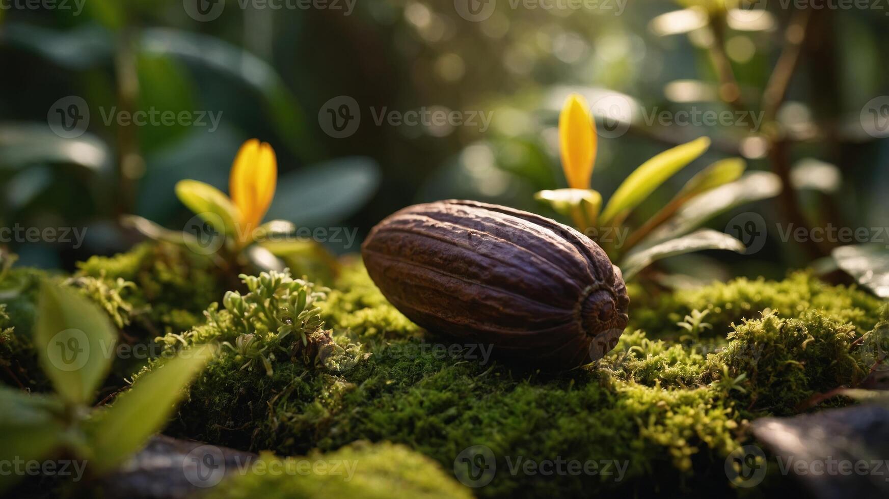 A cacao pod resting on moss among vibrant plants in a serene environment. photo
