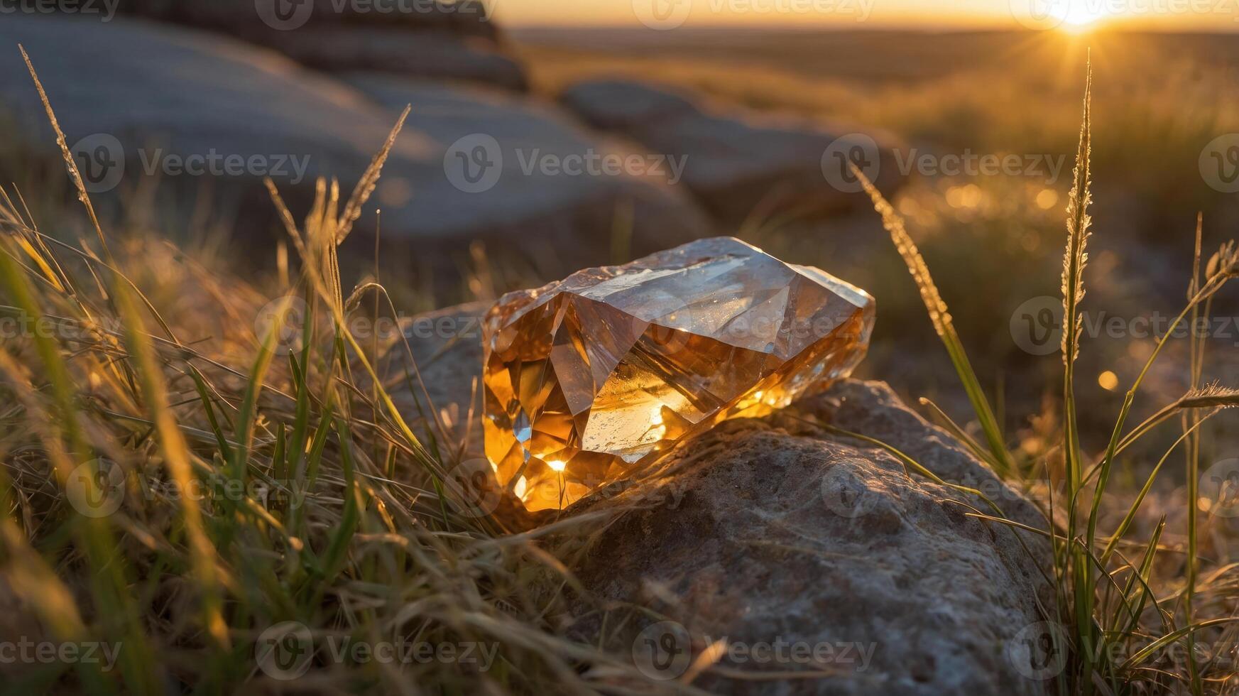 A large, sparkling orange gem resting on a rock with grass and a sunset in the background. photo