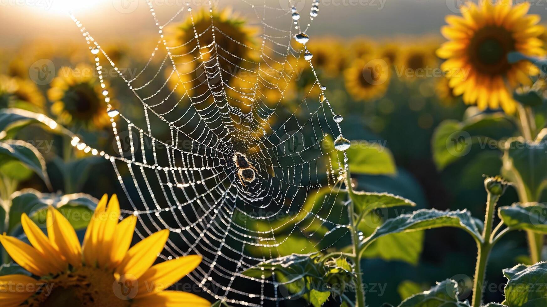 A close-up of a spider web adorned with dew, set against a field of sunflowers at sunrise. photo