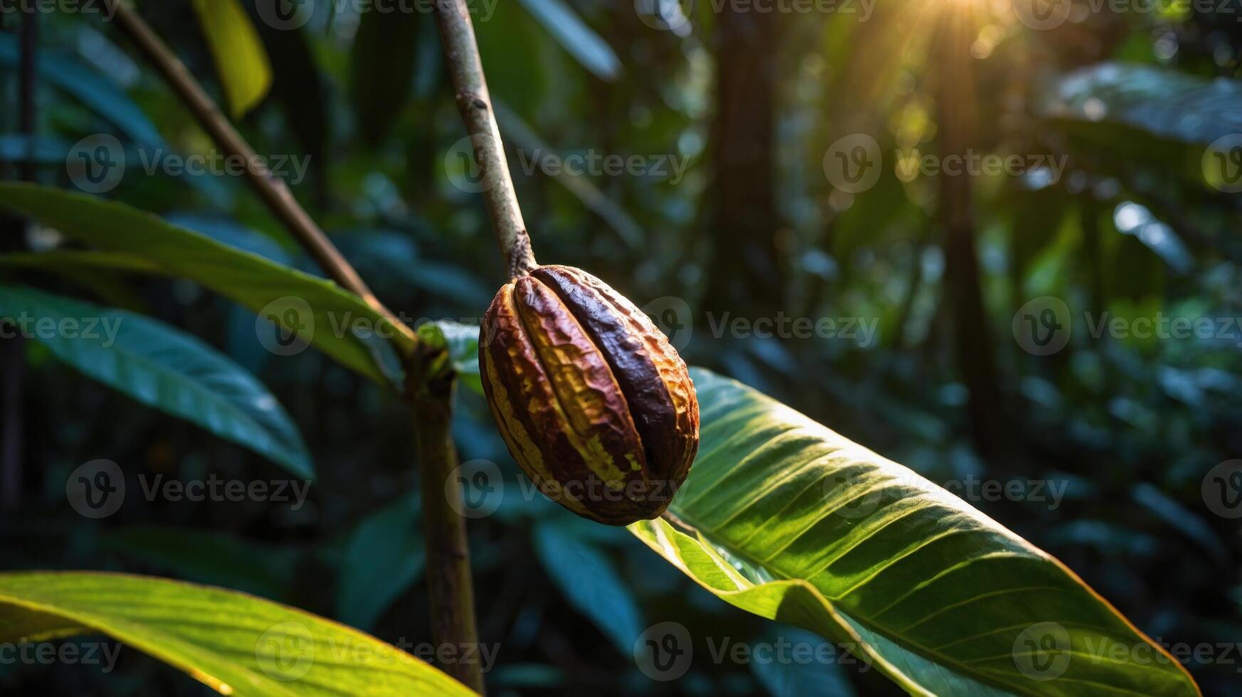 A cacao pod hanging from a branch amidst lush green leaves in a tropical forest. photo
