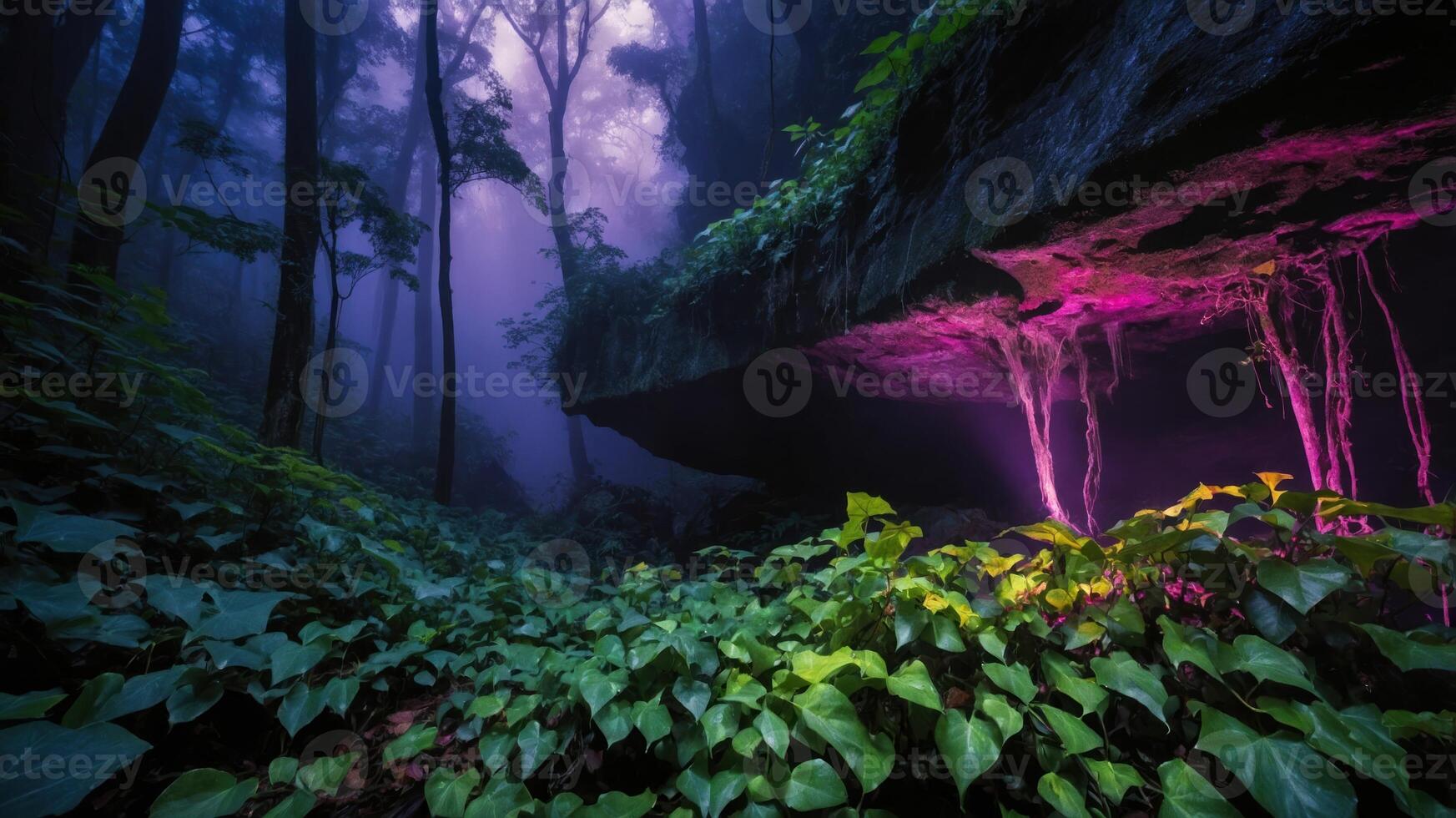 A mystical forest scene with vibrant foliage and ethereal lighting beneath a rocky overhang. photo