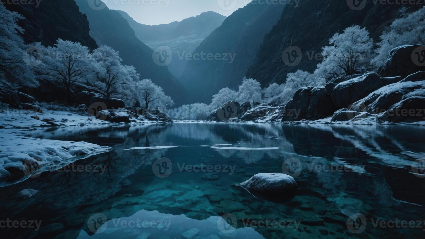 A serene winter landscape with a tranquil river reflecting mountains and frosted trees. photo