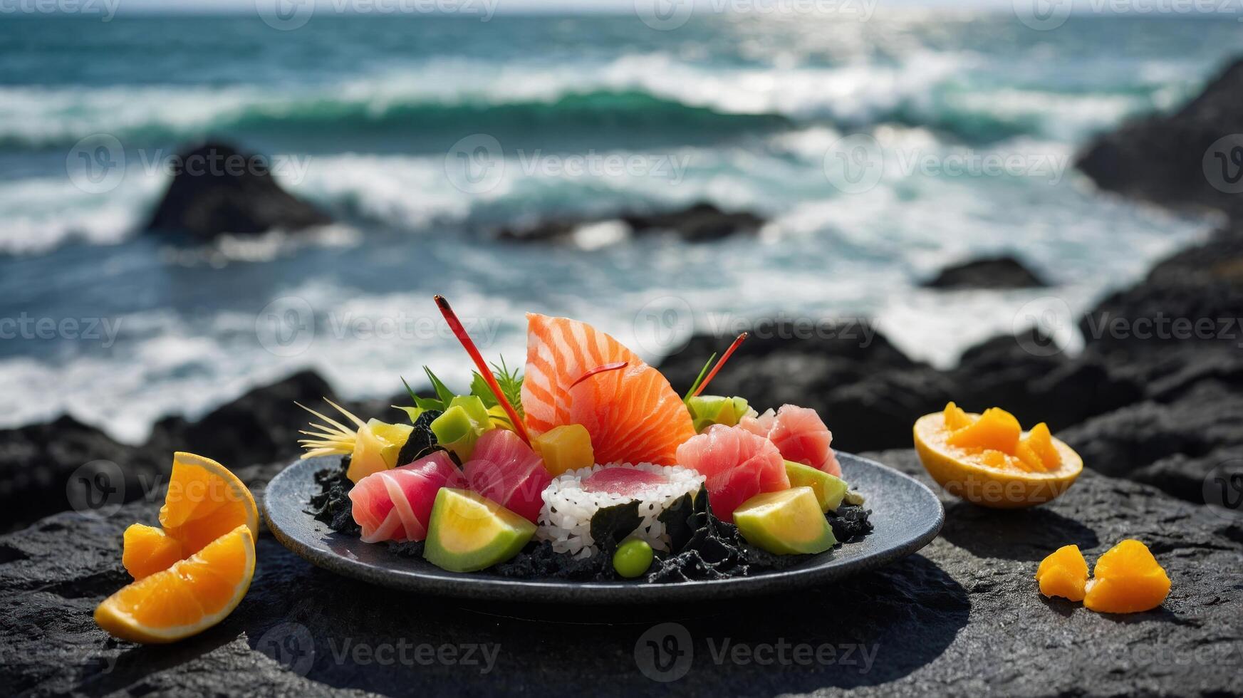 A vibrant sushi platter displayed on a rocky shore with the ocean in the background. photo