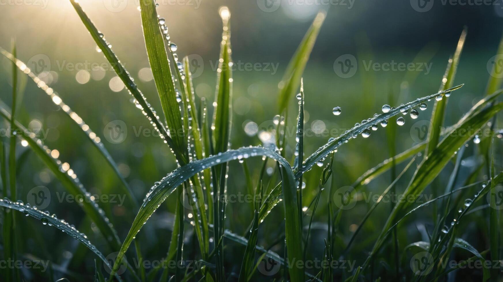 Close-up of grass blades adorned with dew drops, illuminated by soft sunlight. photo