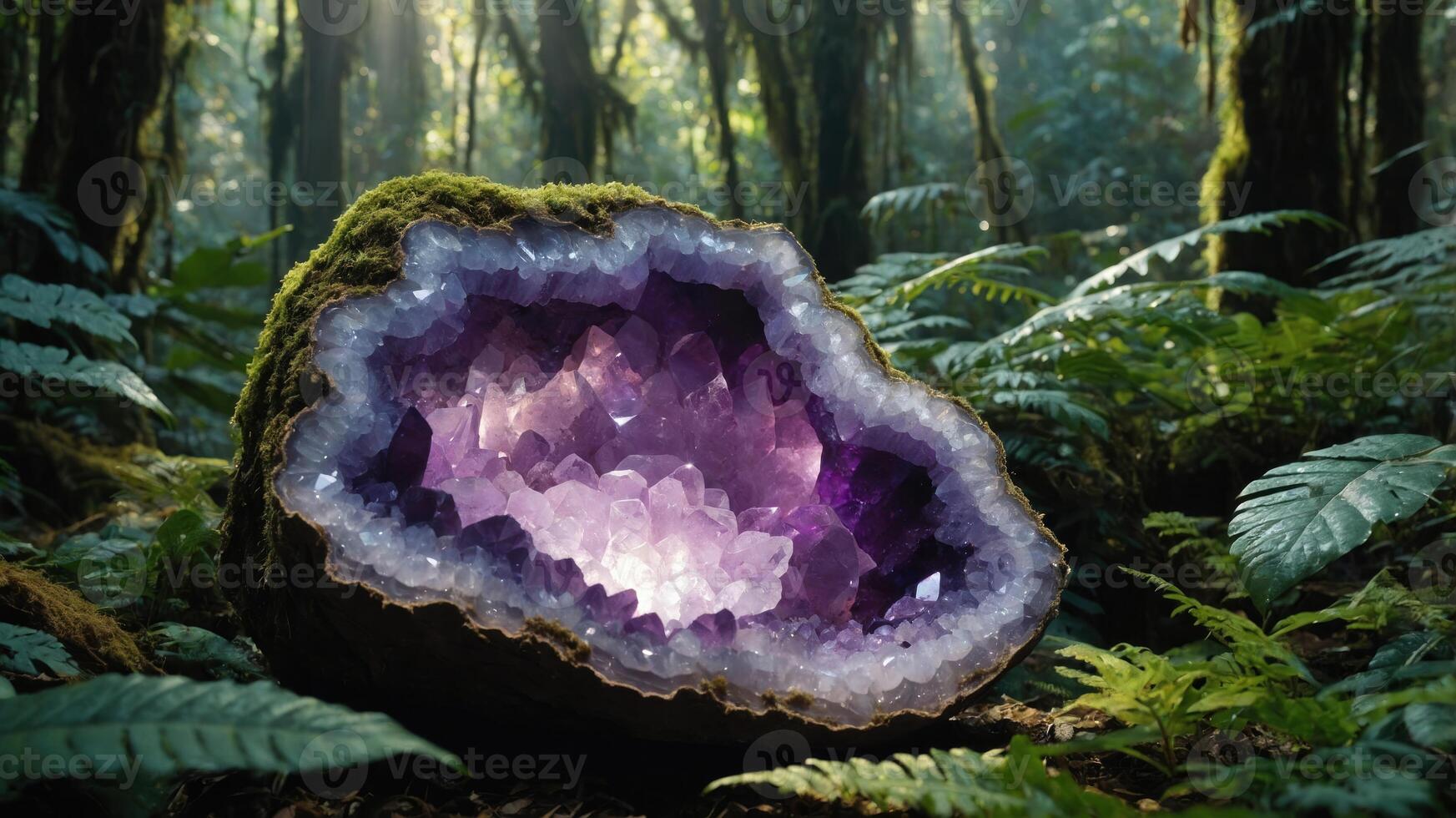 A stunning amethyst geode nestled in a lush forest, showcasing nature's beauty. photo