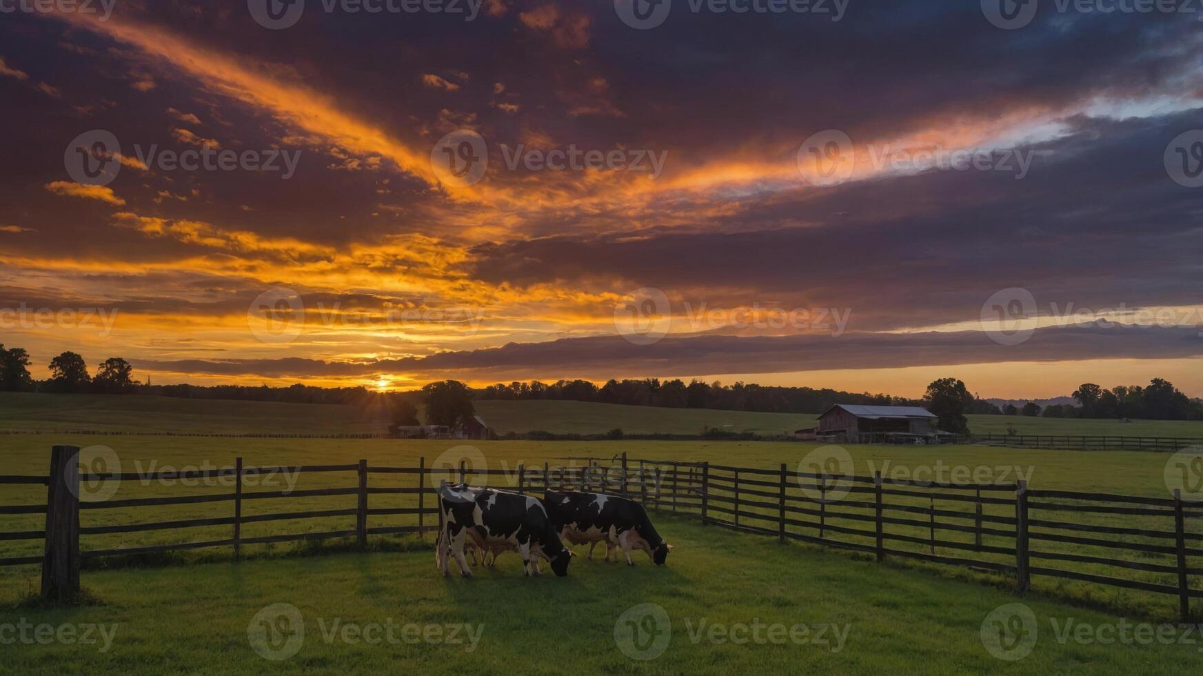 A serene sunset over a farm with cows grazing in a fenced area. photo