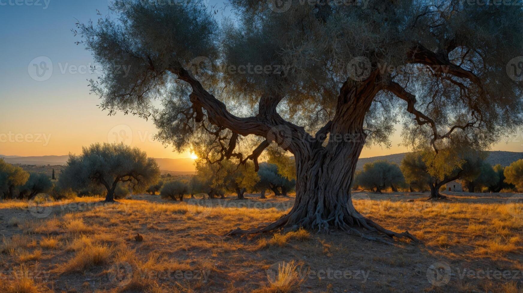 A serene sunset landscape featuring olive trees in a golden field. photo