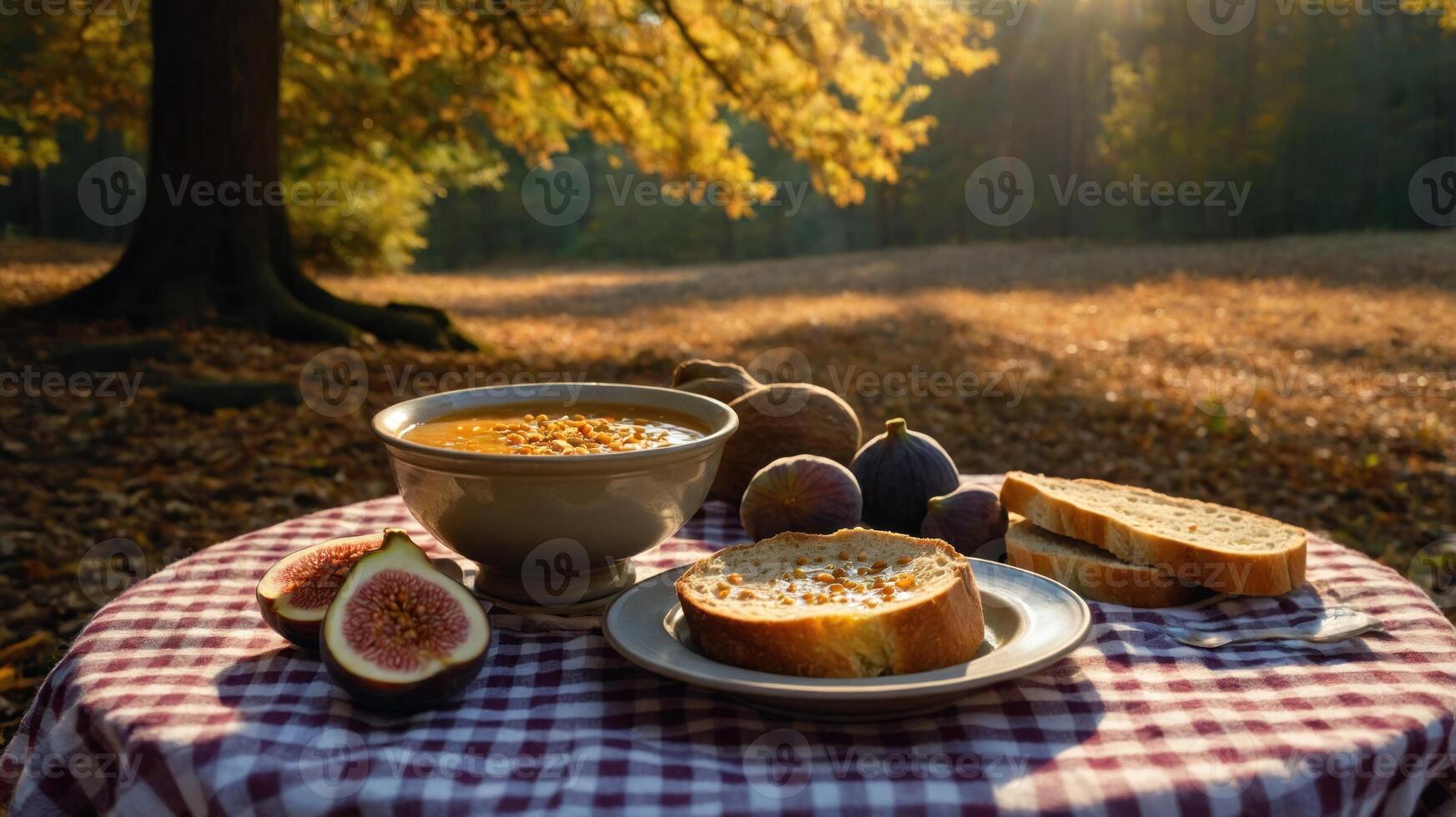 A serene outdoor meal featuring soup, bread, and figs on a checkered tablecloth in autumn. photo