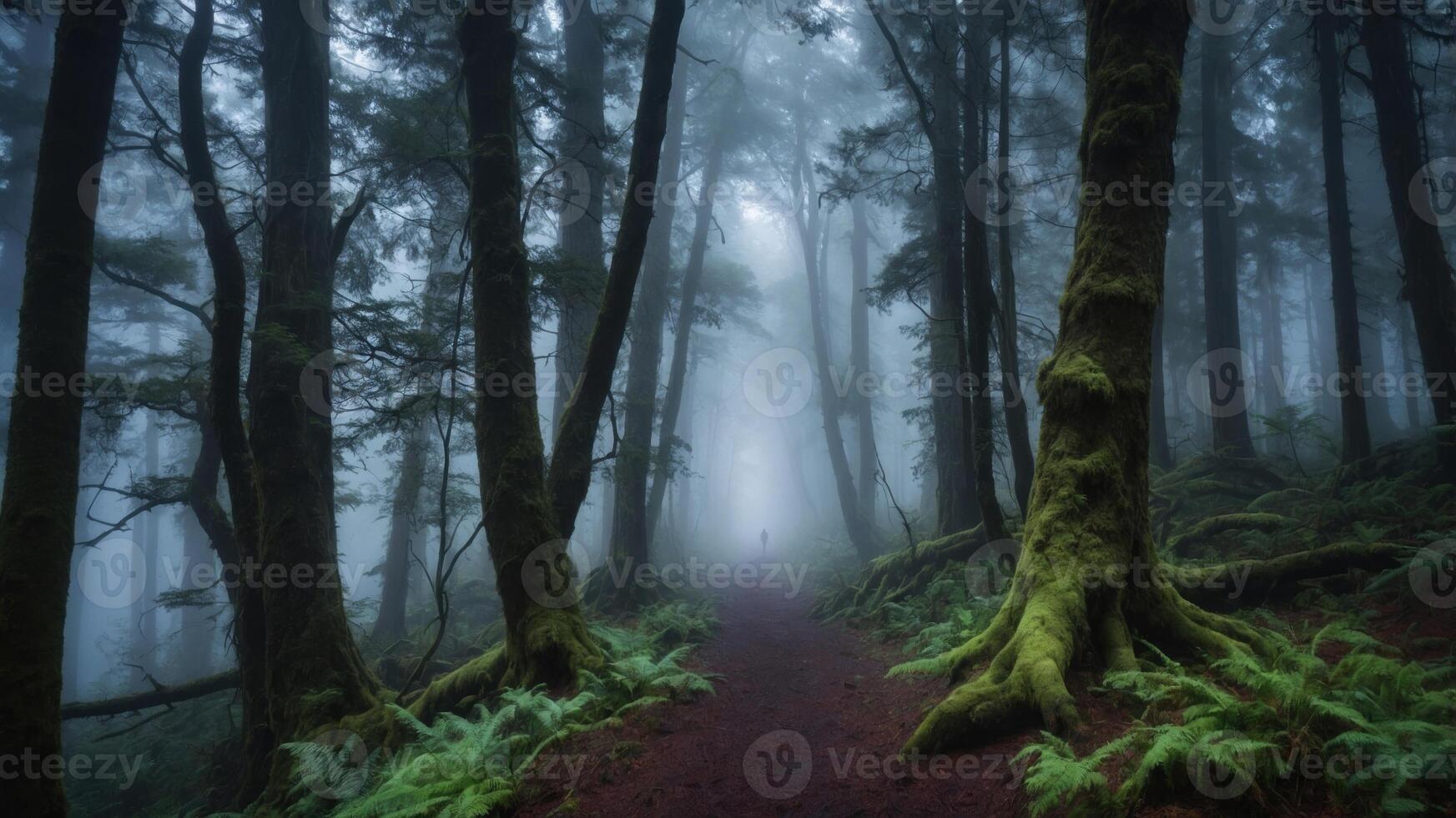 A misty forest path surrounded by towering trees and lush ferns. photo