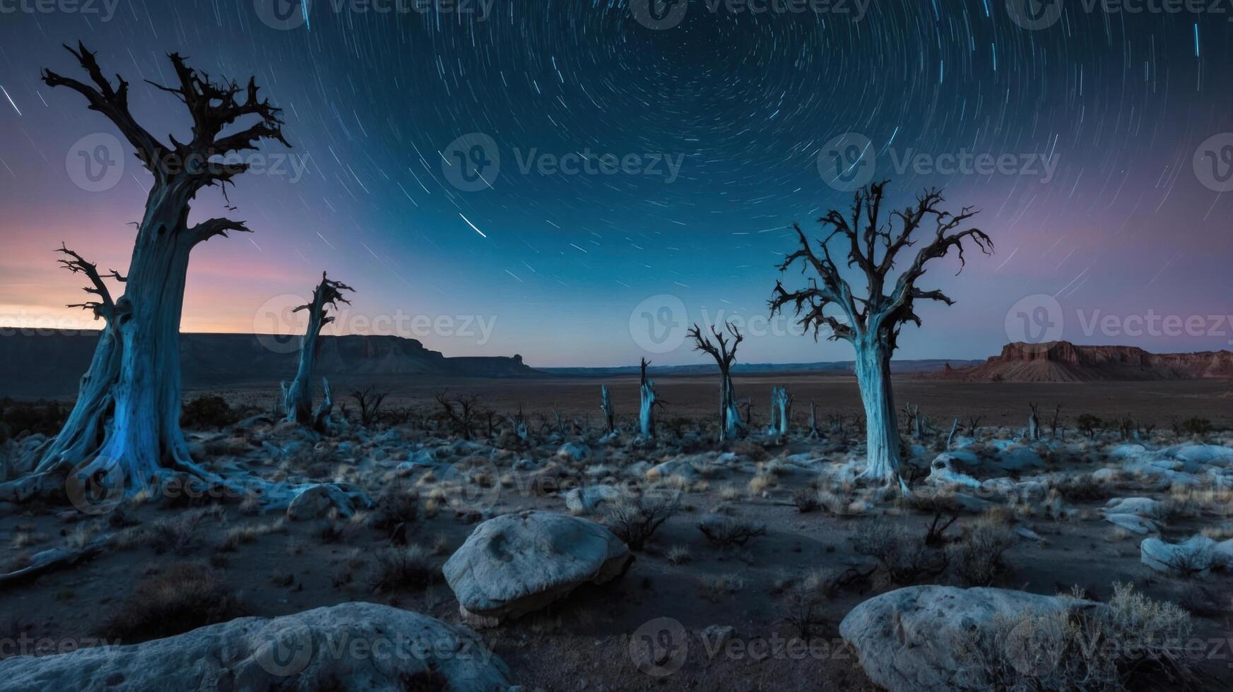 A night sky filled with stars over a desert landscape with unique trees and rocky terrain. photo
