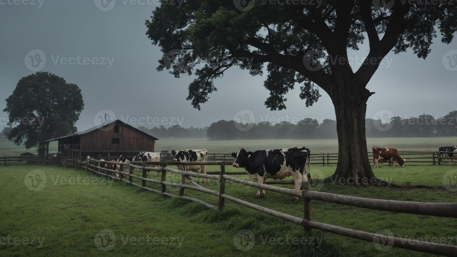 A serene farm scene with cows grazing near a barn under a moody sky. photo