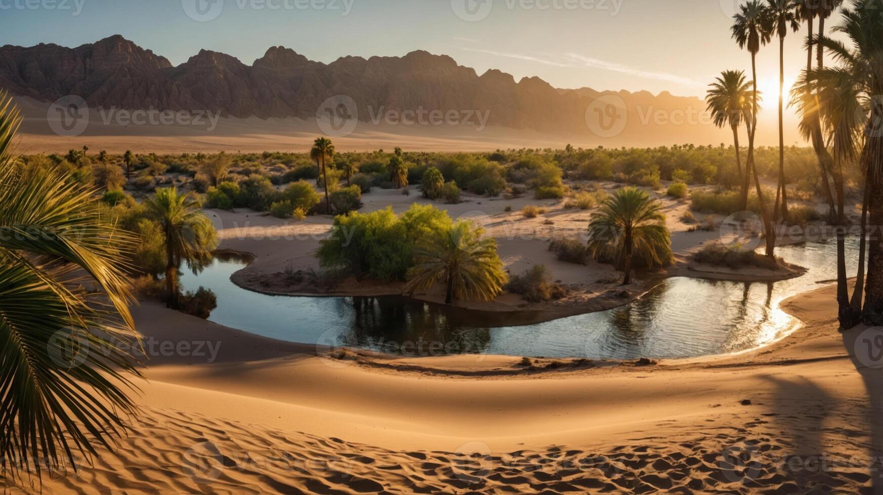 A serene desert landscape with sand dunes, palm trees, and a winding river at sunset. photo